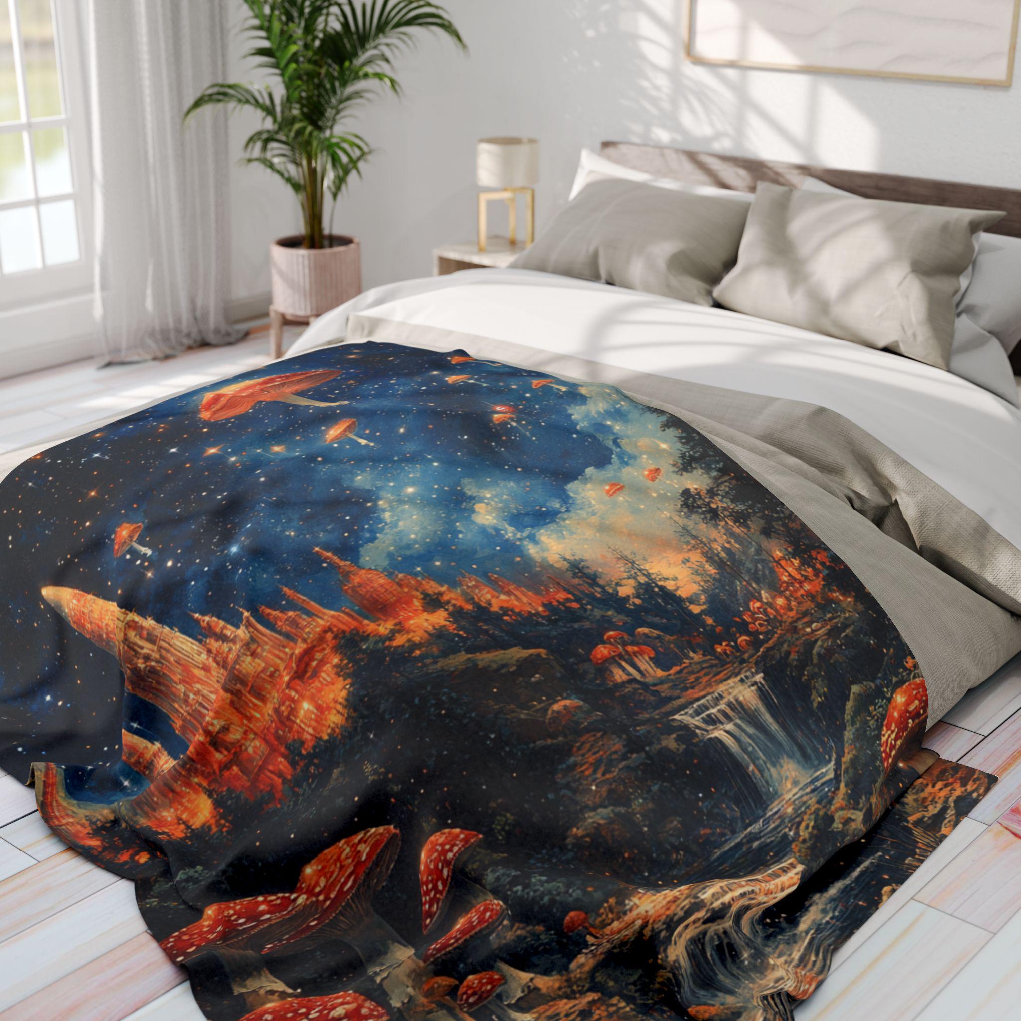 Parody Enchanted Mushroom Landscape Fleece Throw: Cozy Boho Decor for Nature Lovers & Stargazers