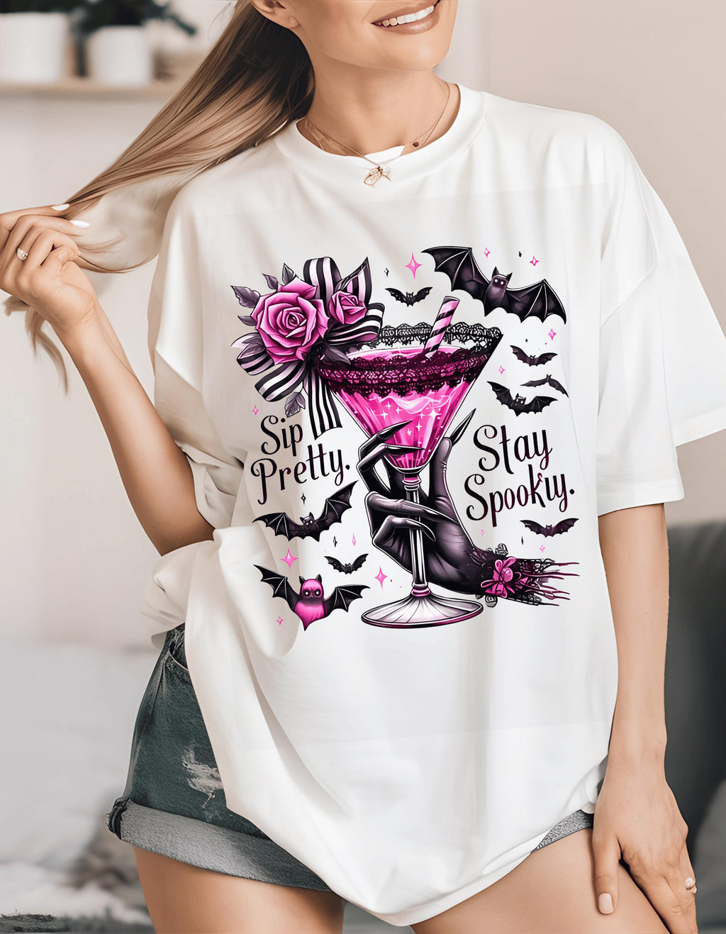 Sip Pretty Stay Spooky T-Shirt: Halloween Graphic Tee, Vintage Style