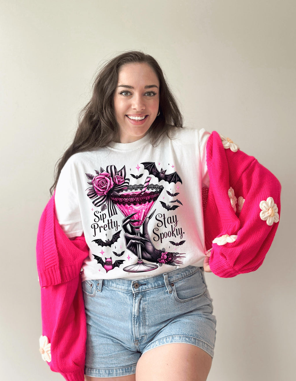 Sip Pretty Stay Spooky T-Shirt: Halloween Graphic Tee, Vintage Style