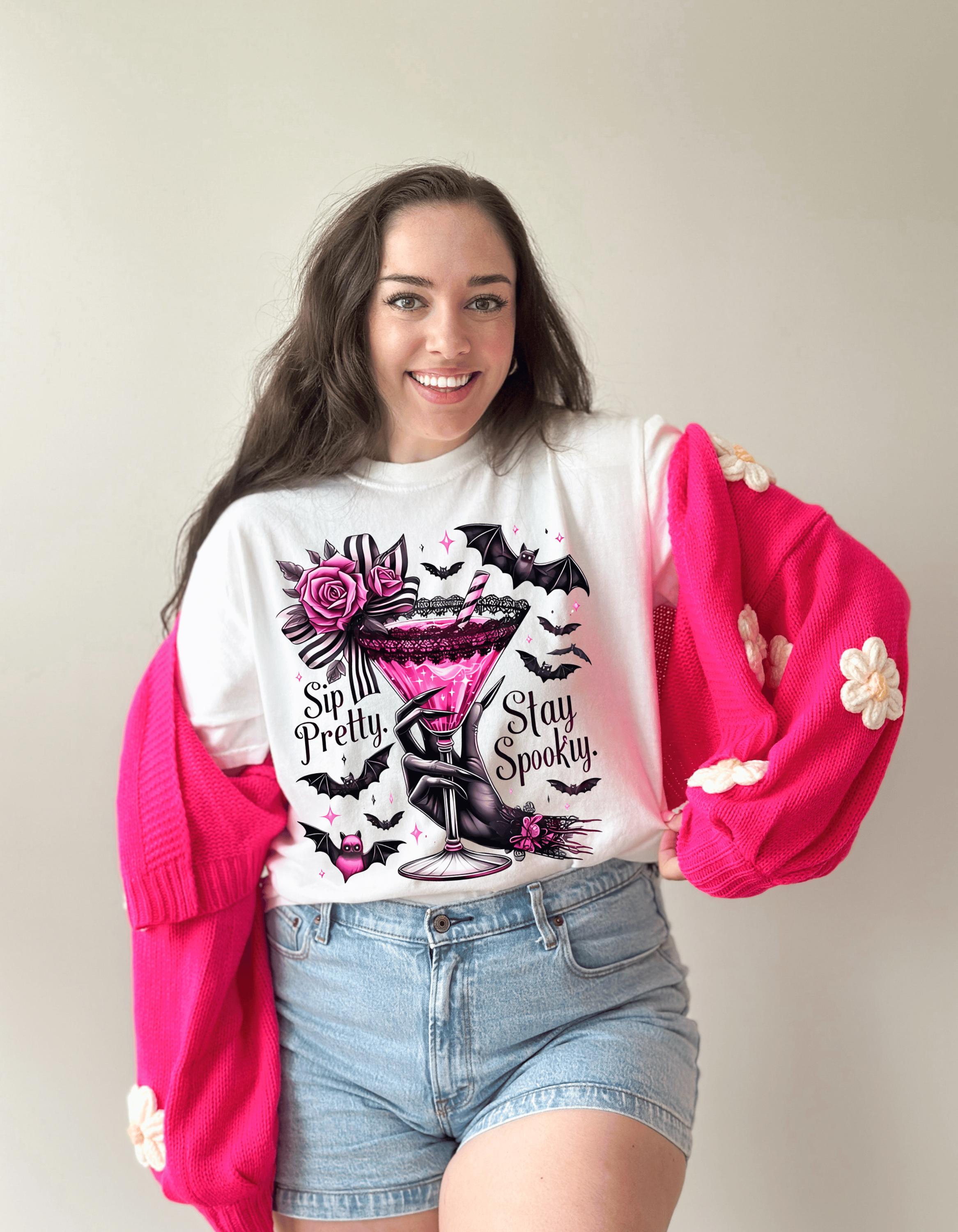 Sip Pretty Stay Spooky T-Shirt: Halloween Graphic Tee, Vintage Style