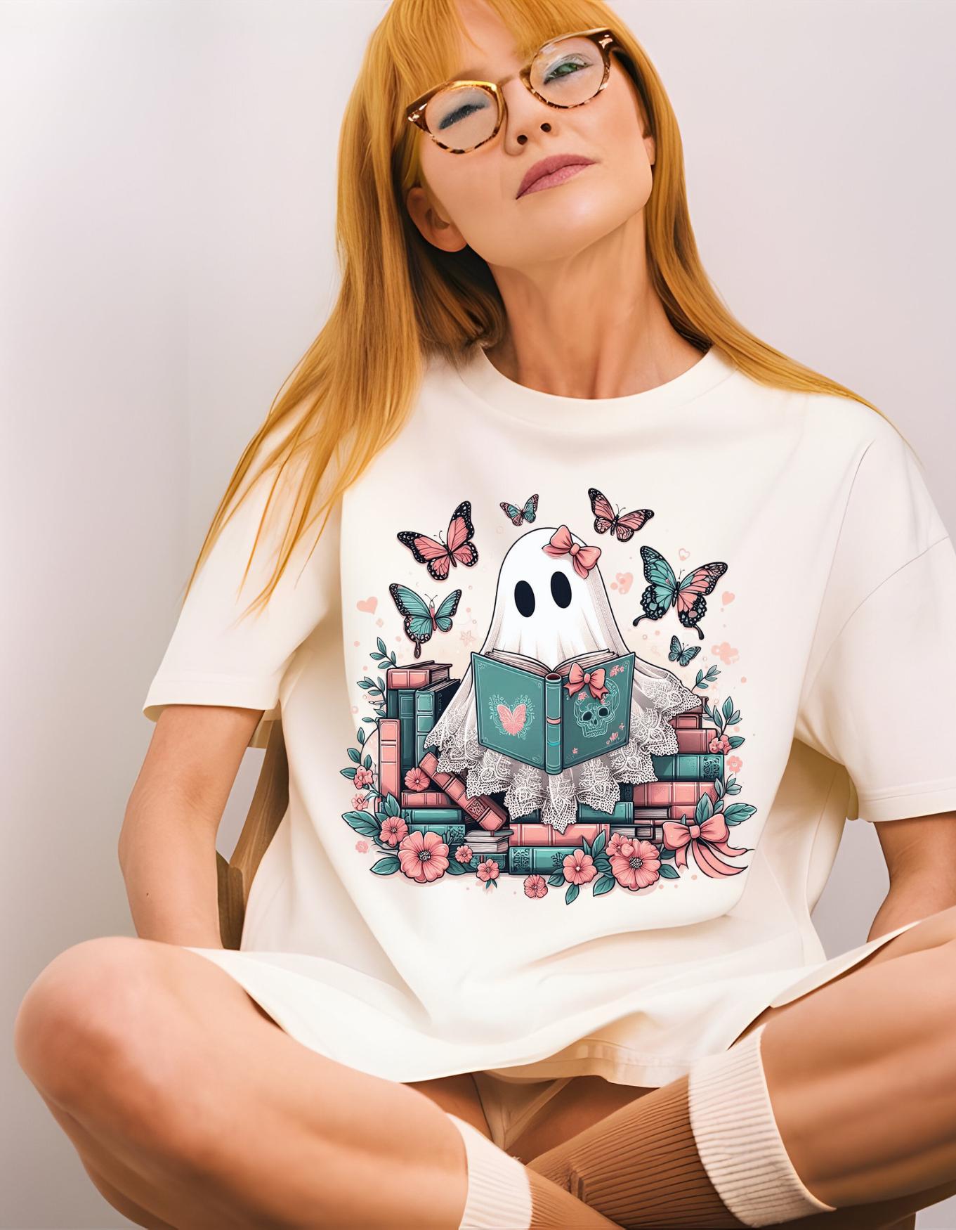 Parody Whimsical Ghost Reading T-Shirt: Cute Bookish Halloween Tee for Spooky Season Lovers