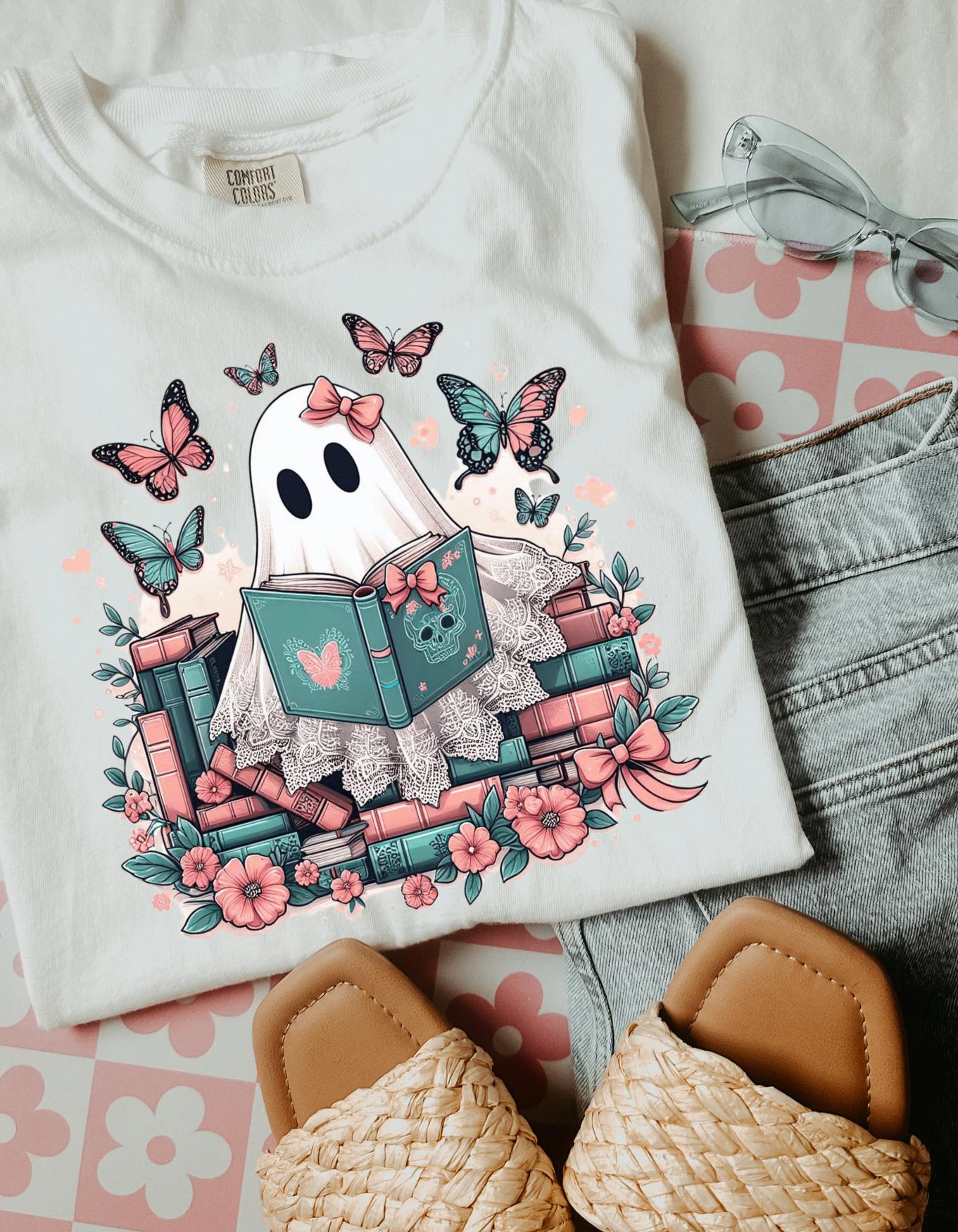 Parody Whimsical Ghost Reading T-Shirt: Cute Bookish Halloween Tee for Spooky Season Lovers