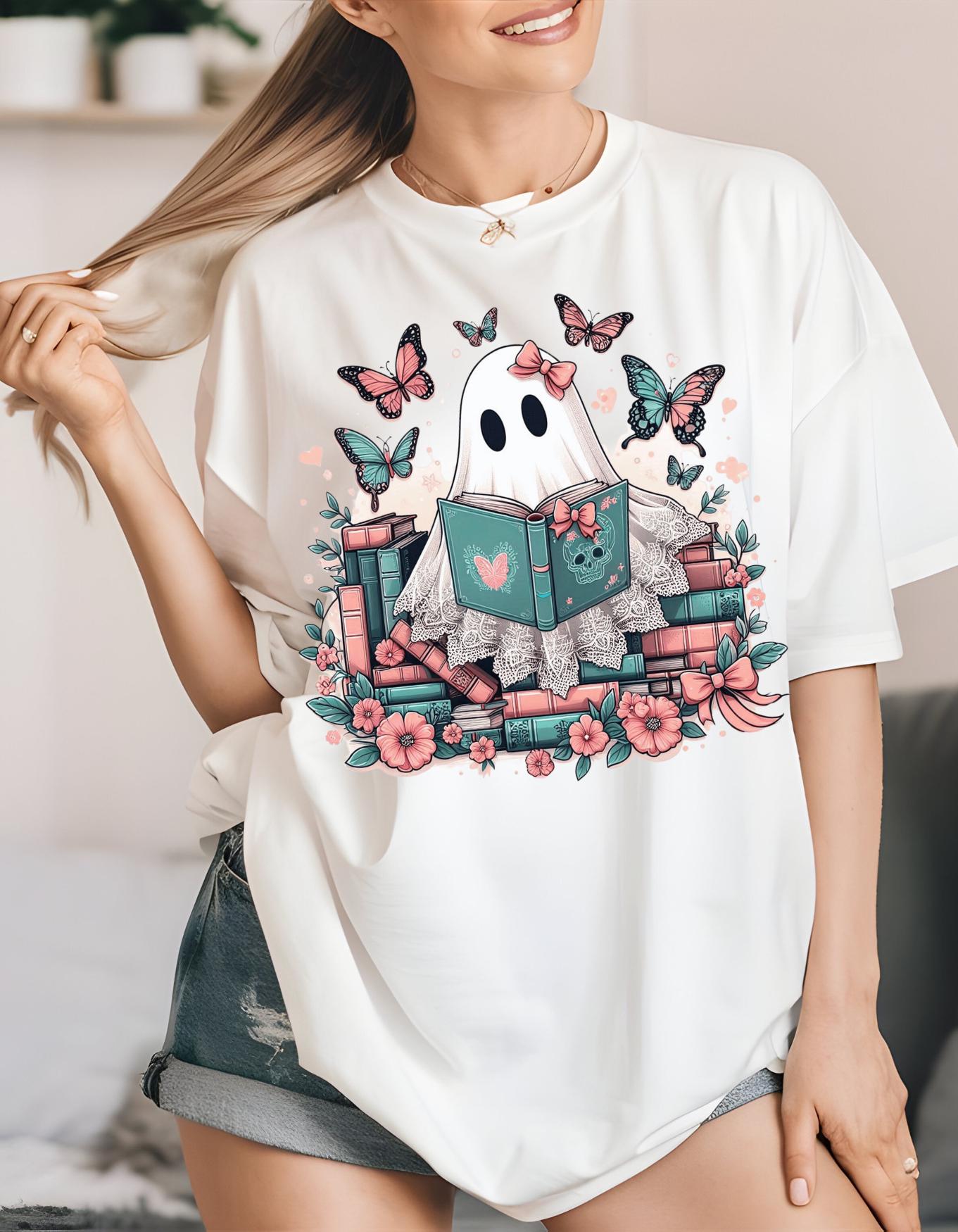 Parody Whimsical Ghost Reading T-Shirt: Cute Bookish Halloween Tee for Spooky Season Lovers
