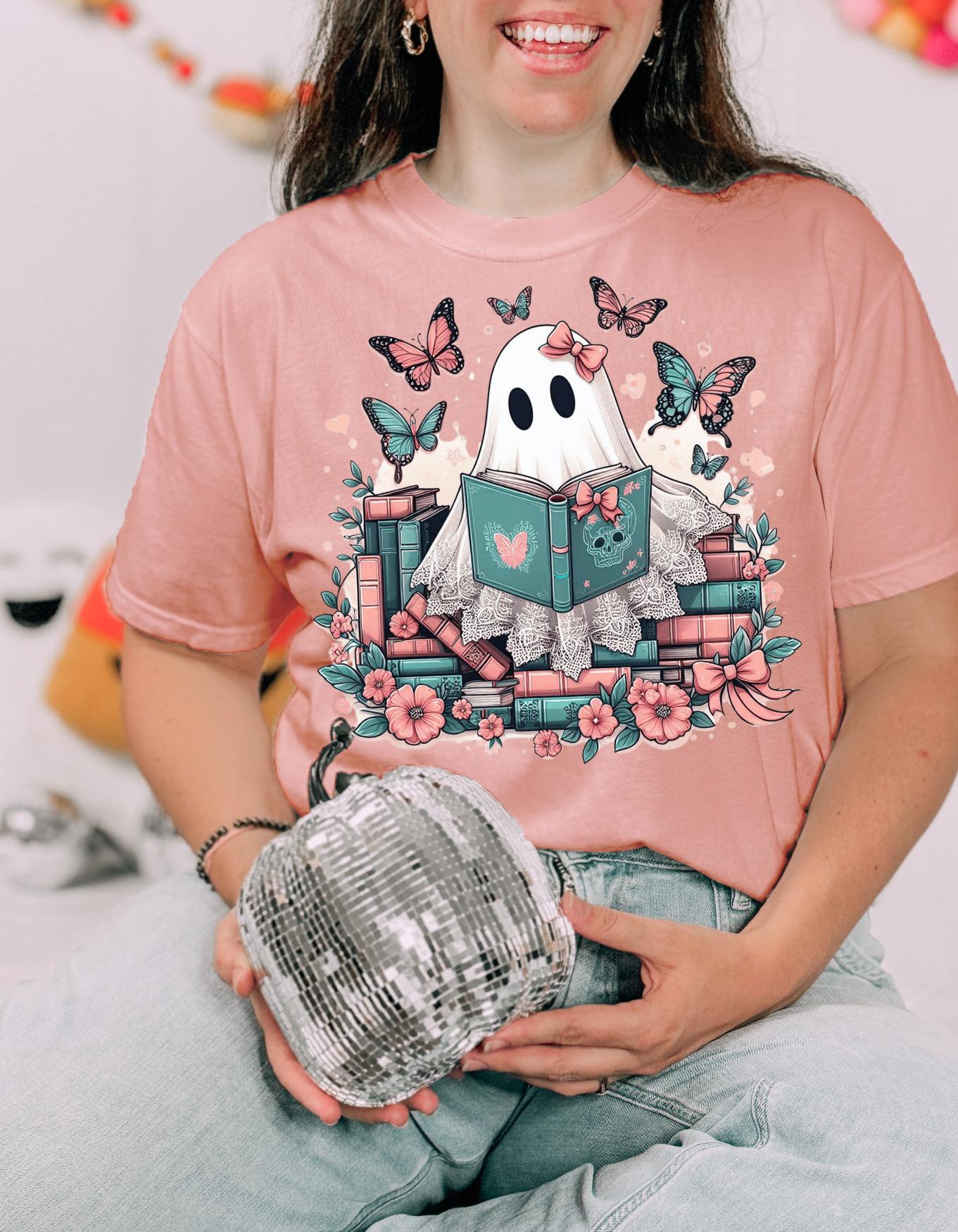 Parody Whimsical Ghost Reading T-Shirt: Cute Bookish Halloween Tee for Spooky Season Lovers
