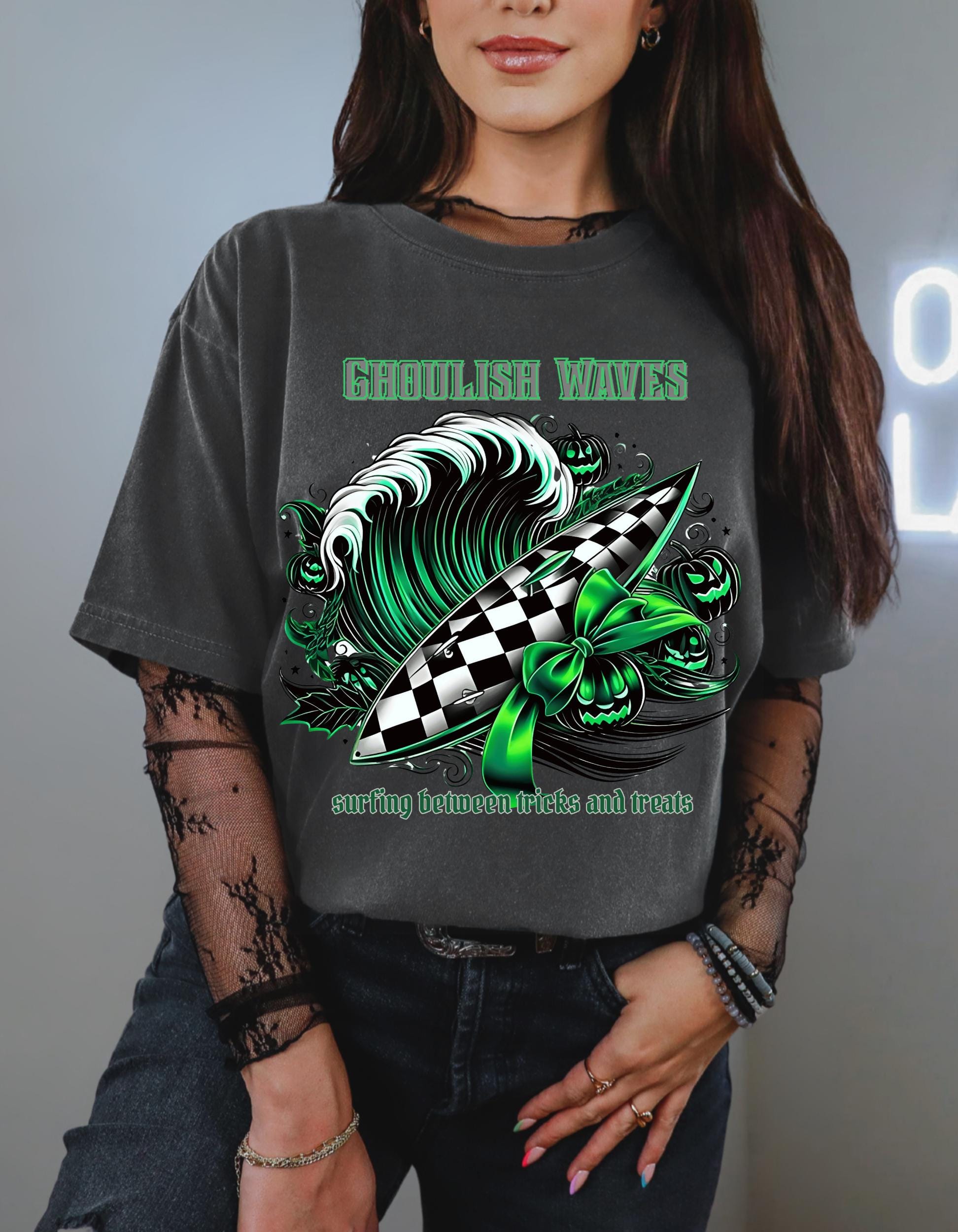 Ghoulish Waves T-shirt: Halloween Surf Tee, Retro Style