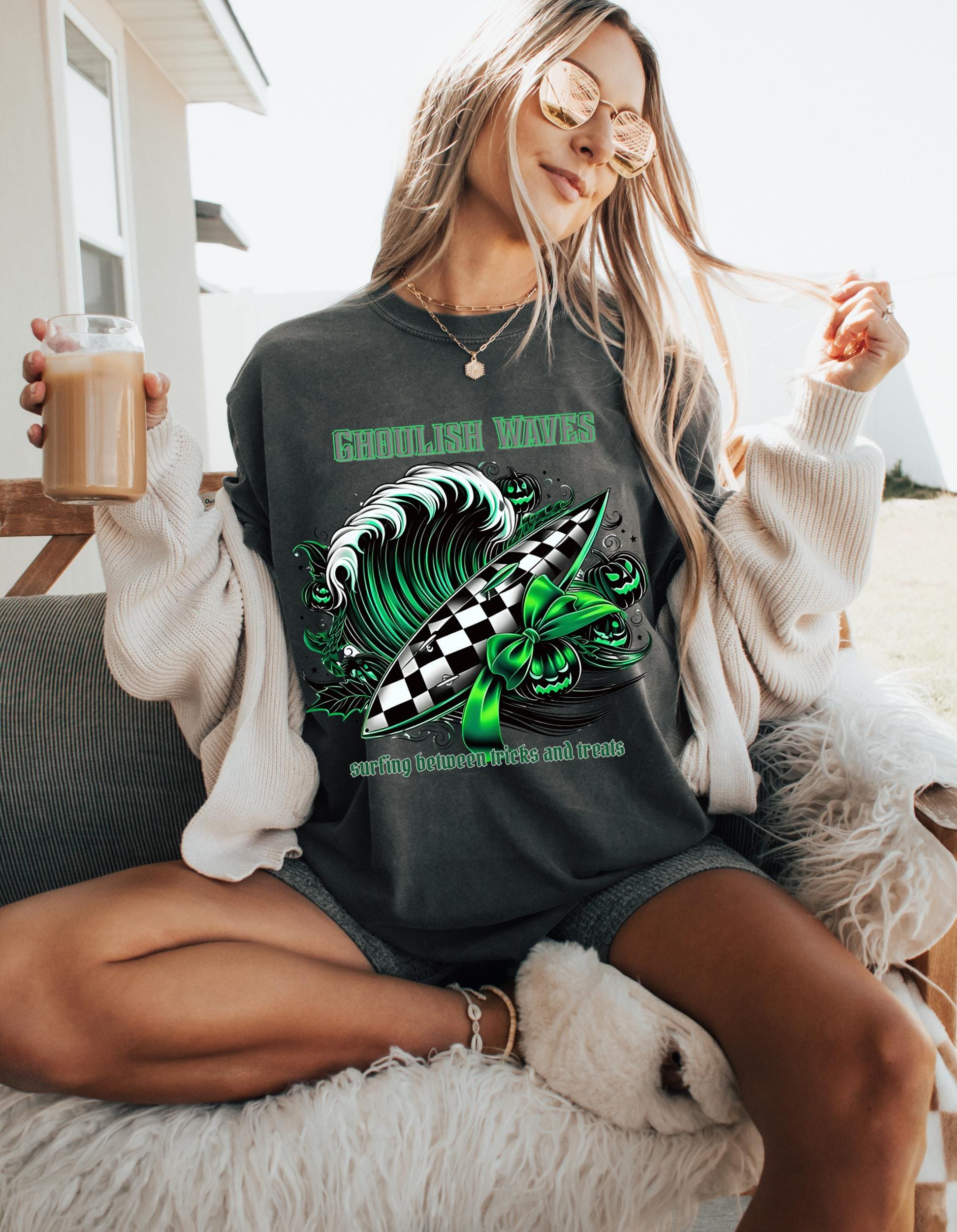 Ghoulish Waves T-shirt: Halloween Surf Tee, Retro Style