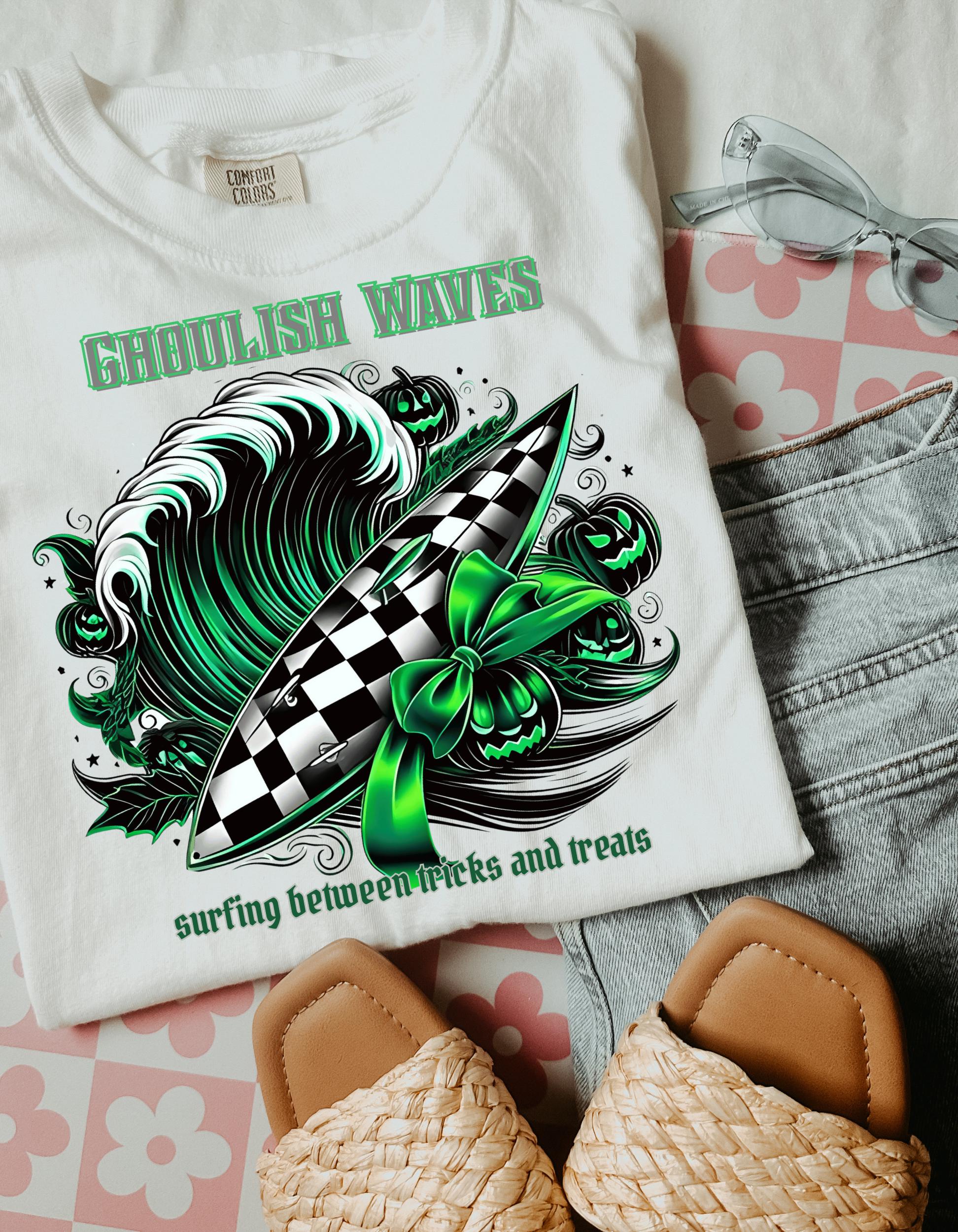Ghoulish Waves T-shirt: Halloween Surf Tee, Retro Style