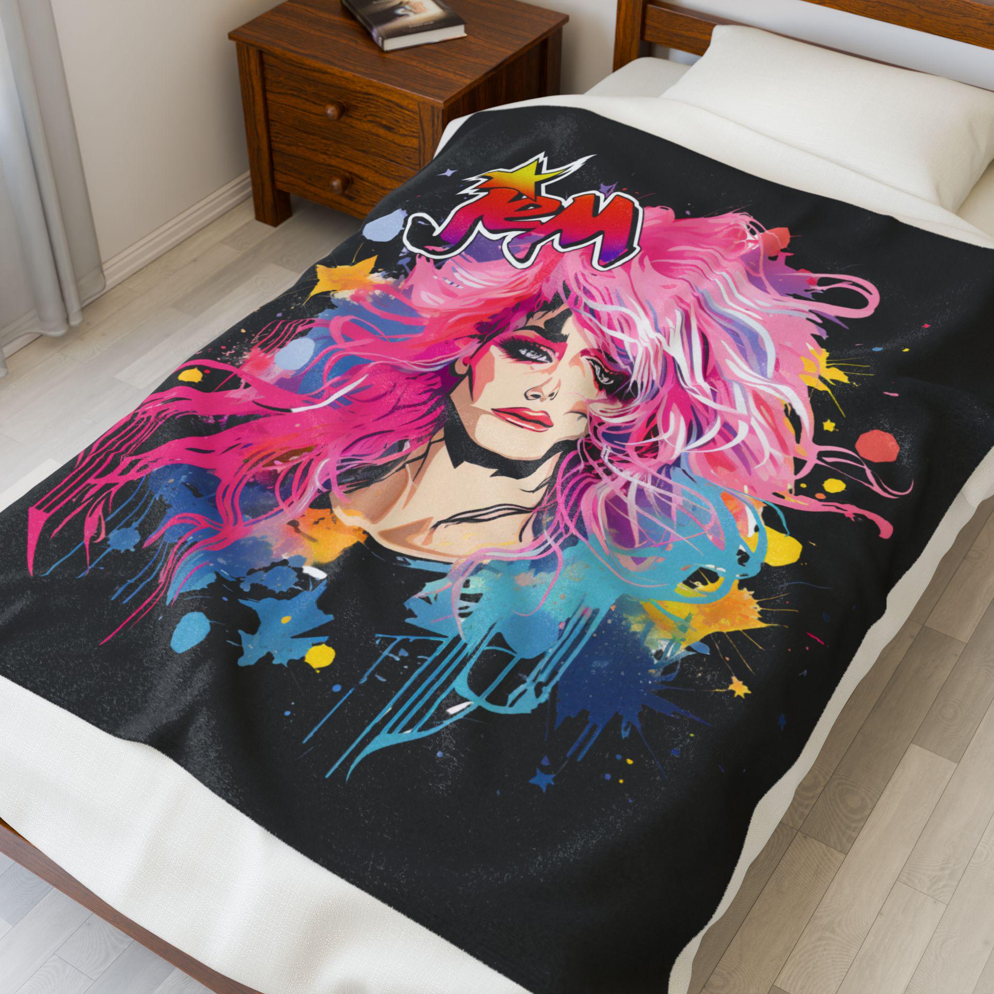 Jem Inspired Velveteen Plush Blanket: Colorful 80s Throw - Soft Cozy Home Decor Gift