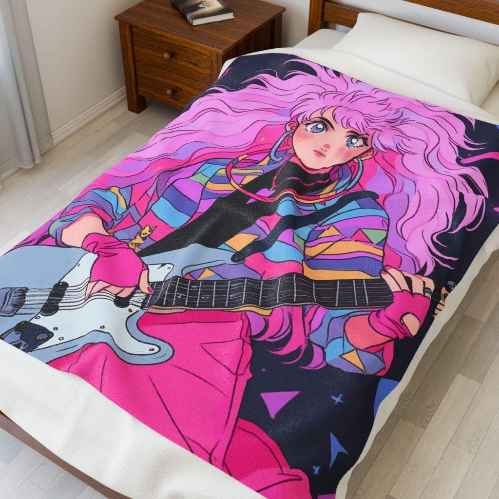 80s Anime Girl Velveteen Plush Blanket: Retro Music Decor