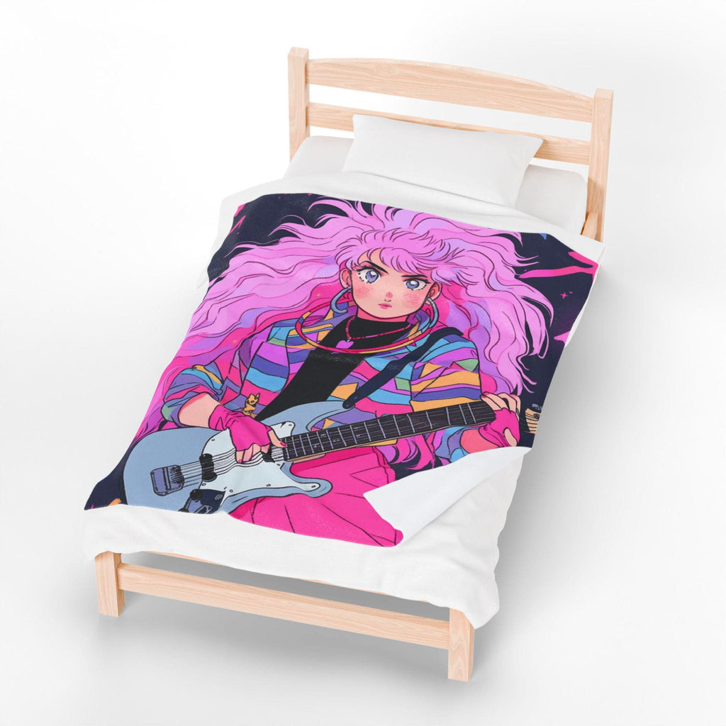 80s Anime Girl Velveteen Plush Blanket: Retro Music Decor