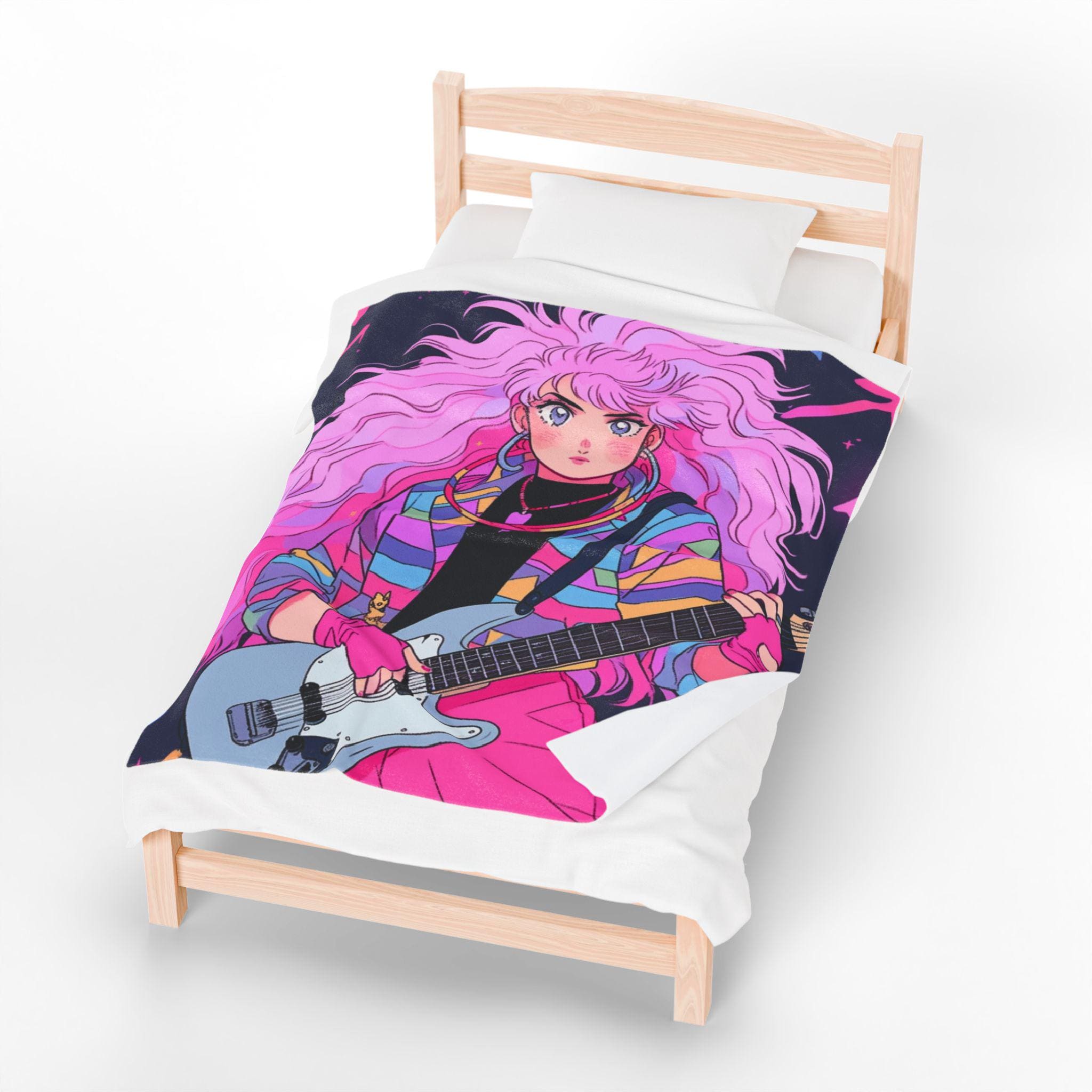 80s Anime Girl Velveteen Plush Blanket: Retro Music Decor