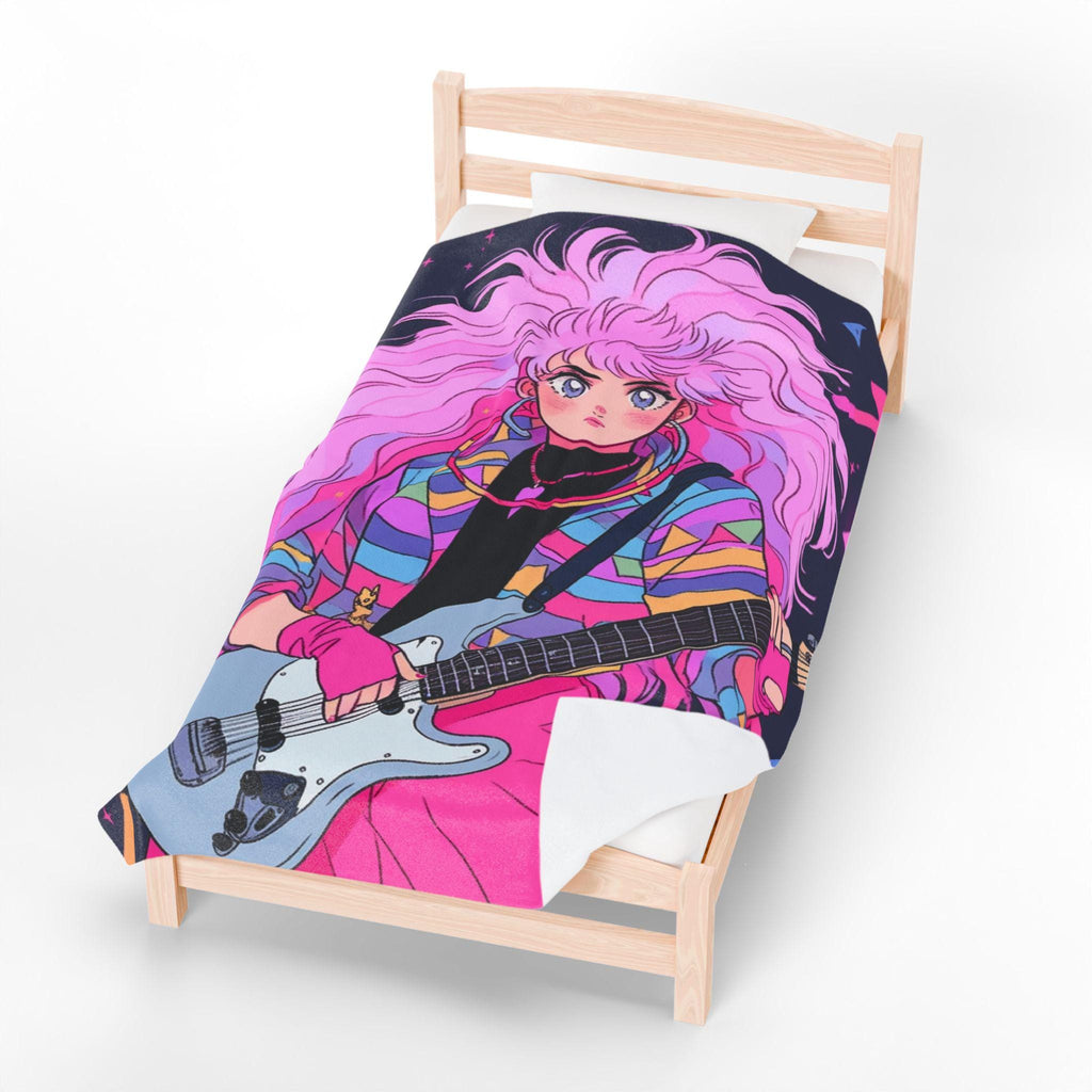 80s Anime Girl Velveteen Plush Blanket: Retro Music Decor