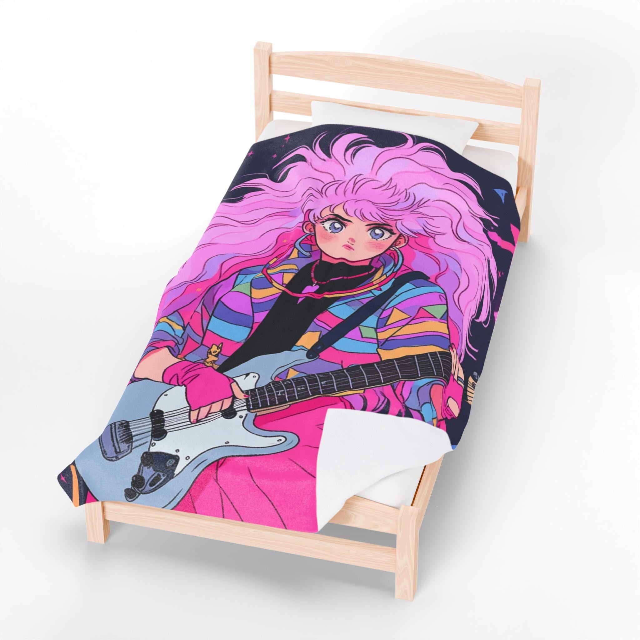 80s Anime Girl Velveteen Plush Blanket: Retro Music Decor