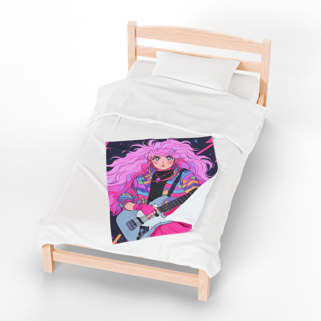 80s Anime Girl Velveteen Plush Blanket: Retro Music Decor