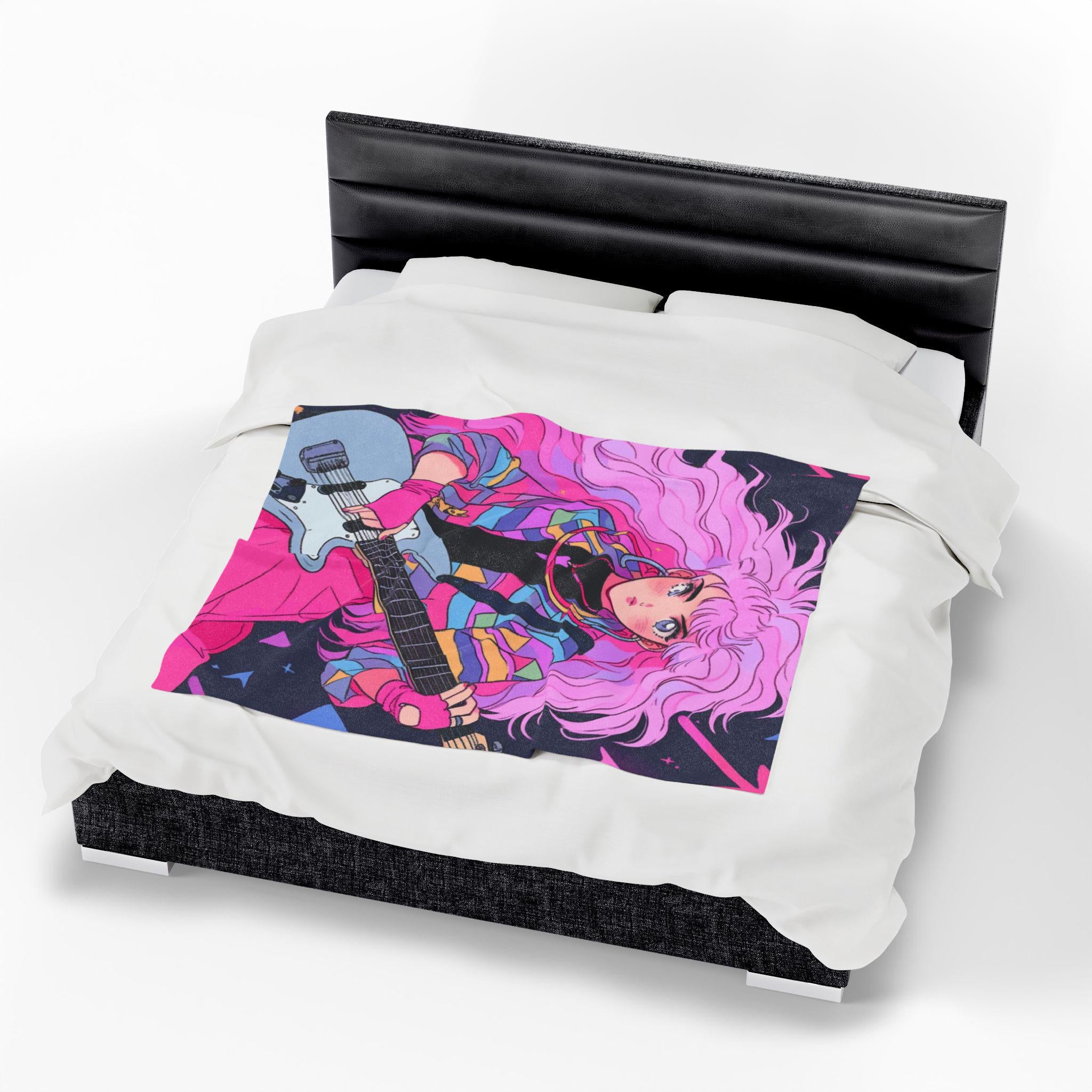 80s Anime Girl Velveteen Plush Blanket: Retro Music Decor