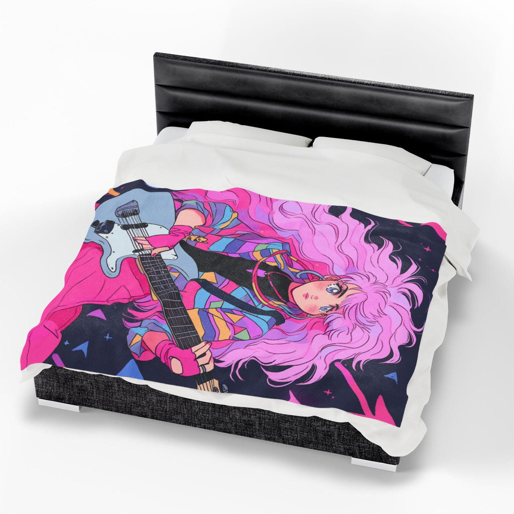 80s Anime Girl Velveteen Plush Blanket: Retro Music Decor