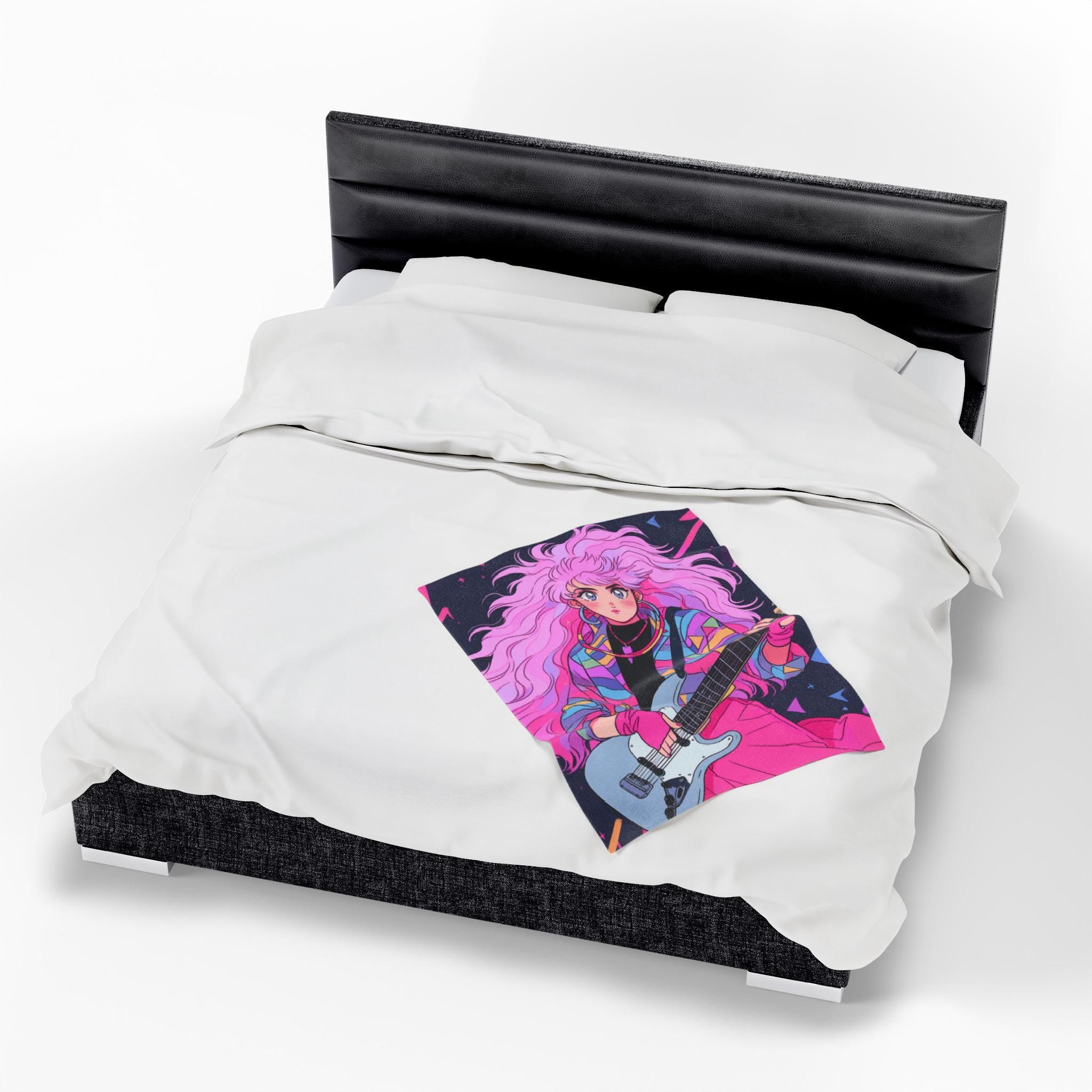 80s Anime Girl Velveteen Plush Blanket: Retro Music Decor