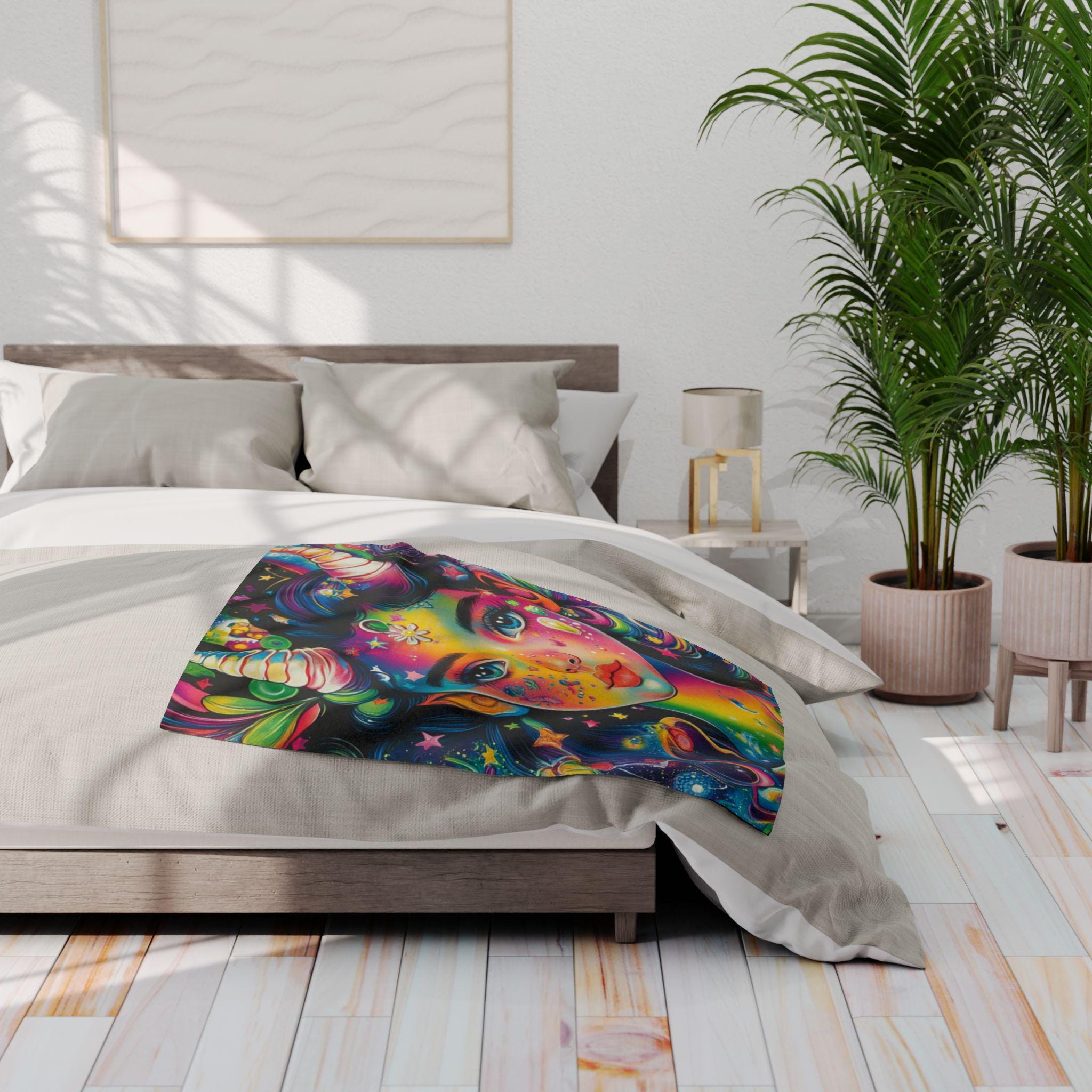 Vibrant Goddess Fleece Blanket: Magical Rainbow Art Throw