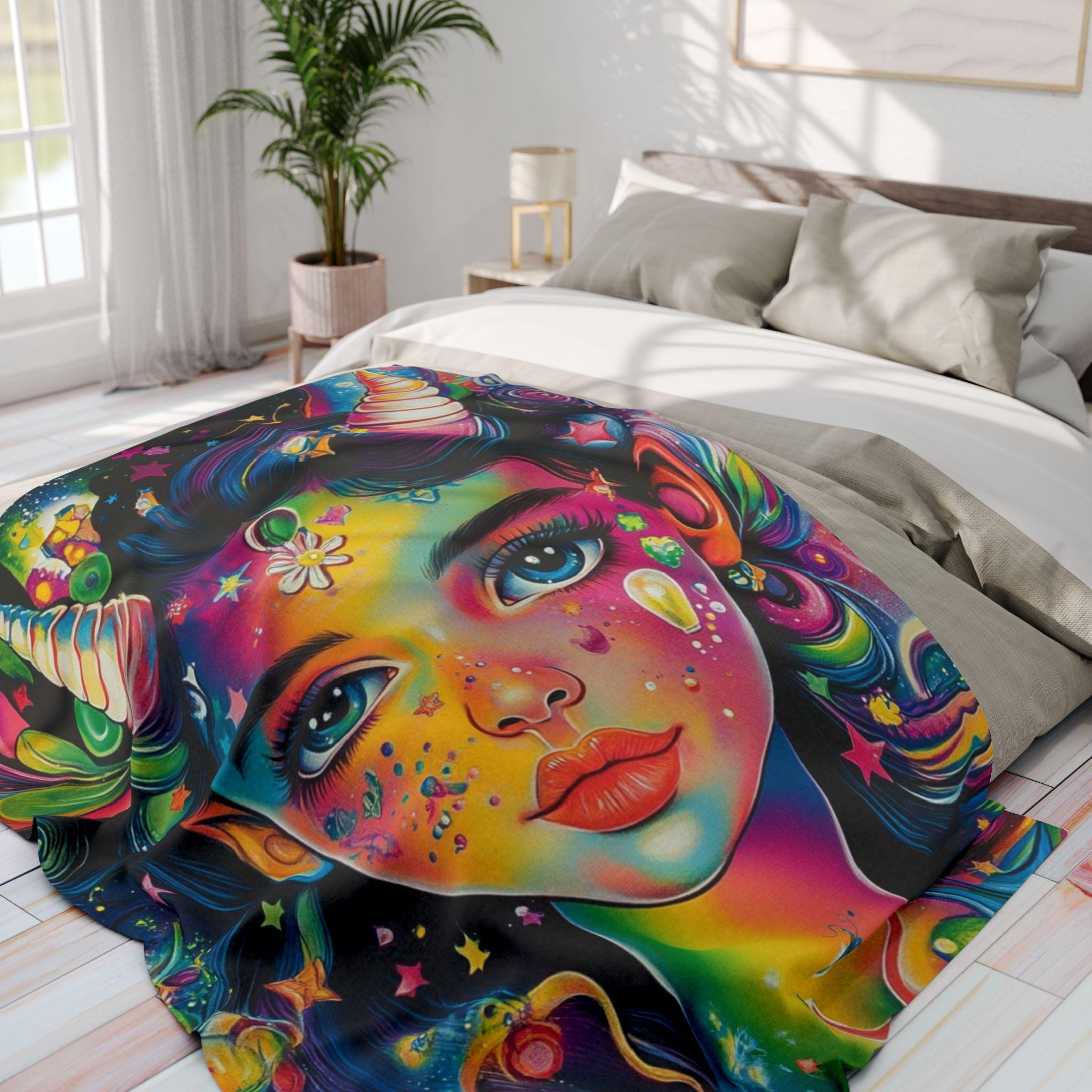 Vibrant Goddess Fleece Blanket: Magical Rainbow Art Throw