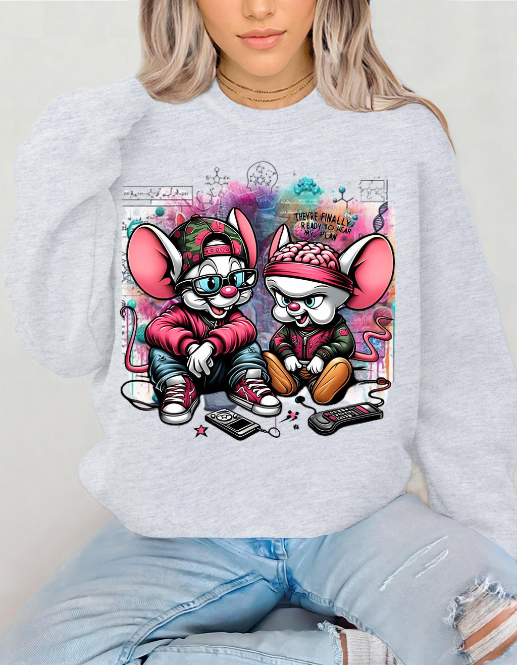 Parody Quirky Cartoon Mice Crewneck: Cozy Streetwear Sweatshirt for Teens & Adults, Fun Winter Gift
