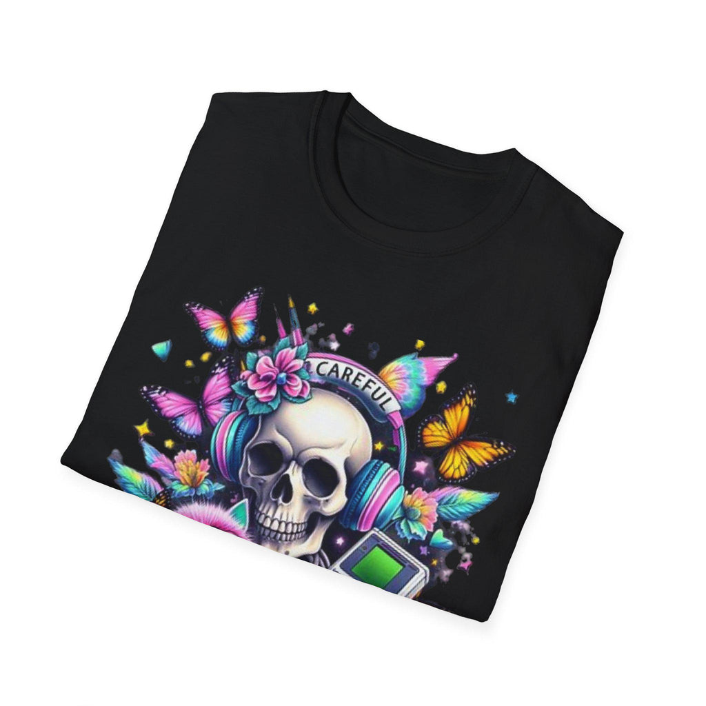 Parody 90s Retro Skull Butterfly T-Shirt: Vintage Festival Tee, Unisex Softstyle, Nostalgic Gift