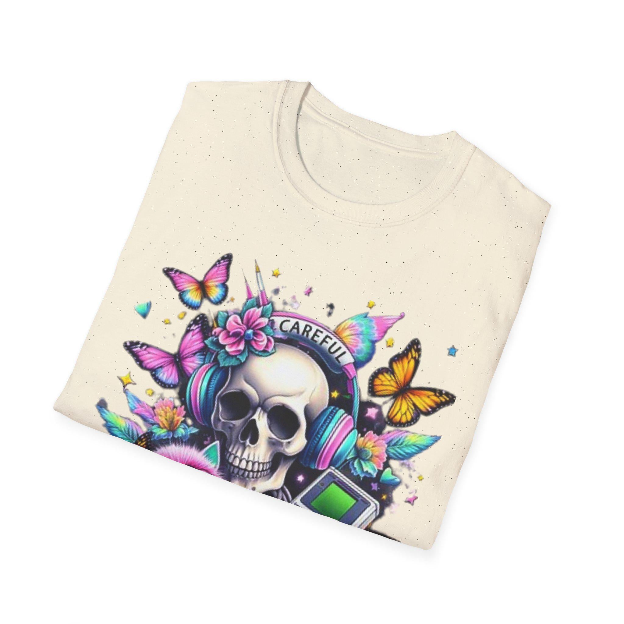 Parody 90s Retro Skull Butterfly T-Shirt: Vintage Festival Tee, Unisex Softstyle, Nostalgic Gift