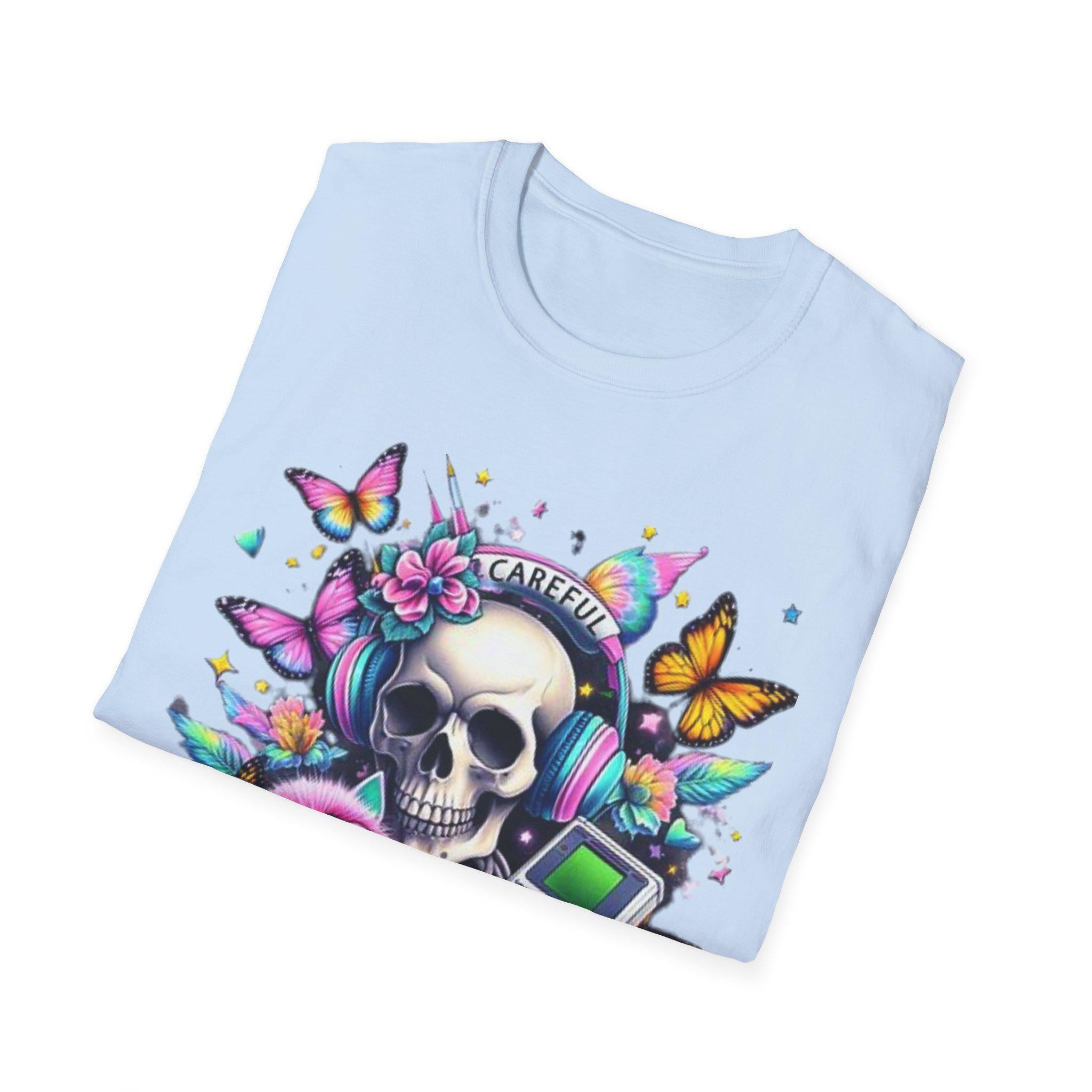 Parody 90s Retro Skull Butterfly T-Shirt: Vintage Festival Tee, Unisex Softstyle, Nostalgic Gift