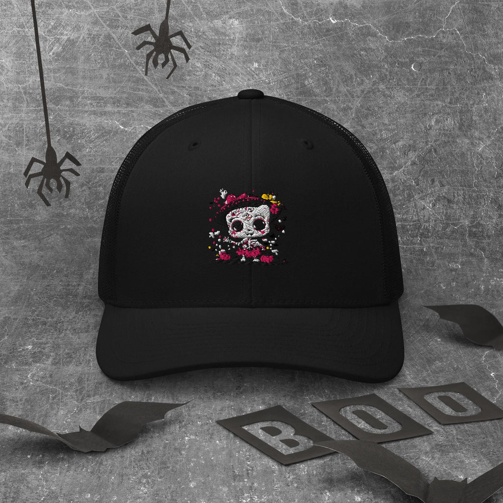 Day of the Dead Trucker Hat – Skeleton Cat Sugar Skull Cap – Día de los Muertos Festival Hat