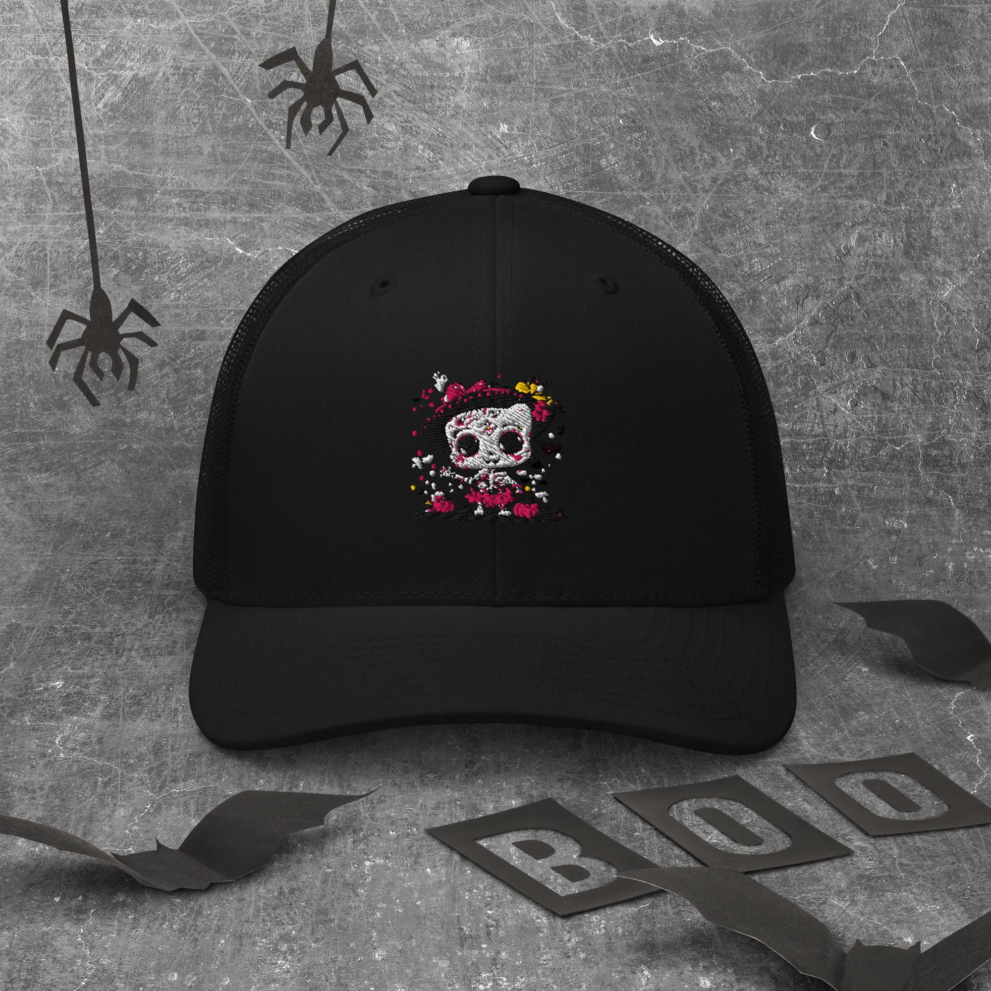 Day of the Dead Trucker Hat – Skeleton Cat Sugar Skull Cap – Día de los Muertos Festival Hat