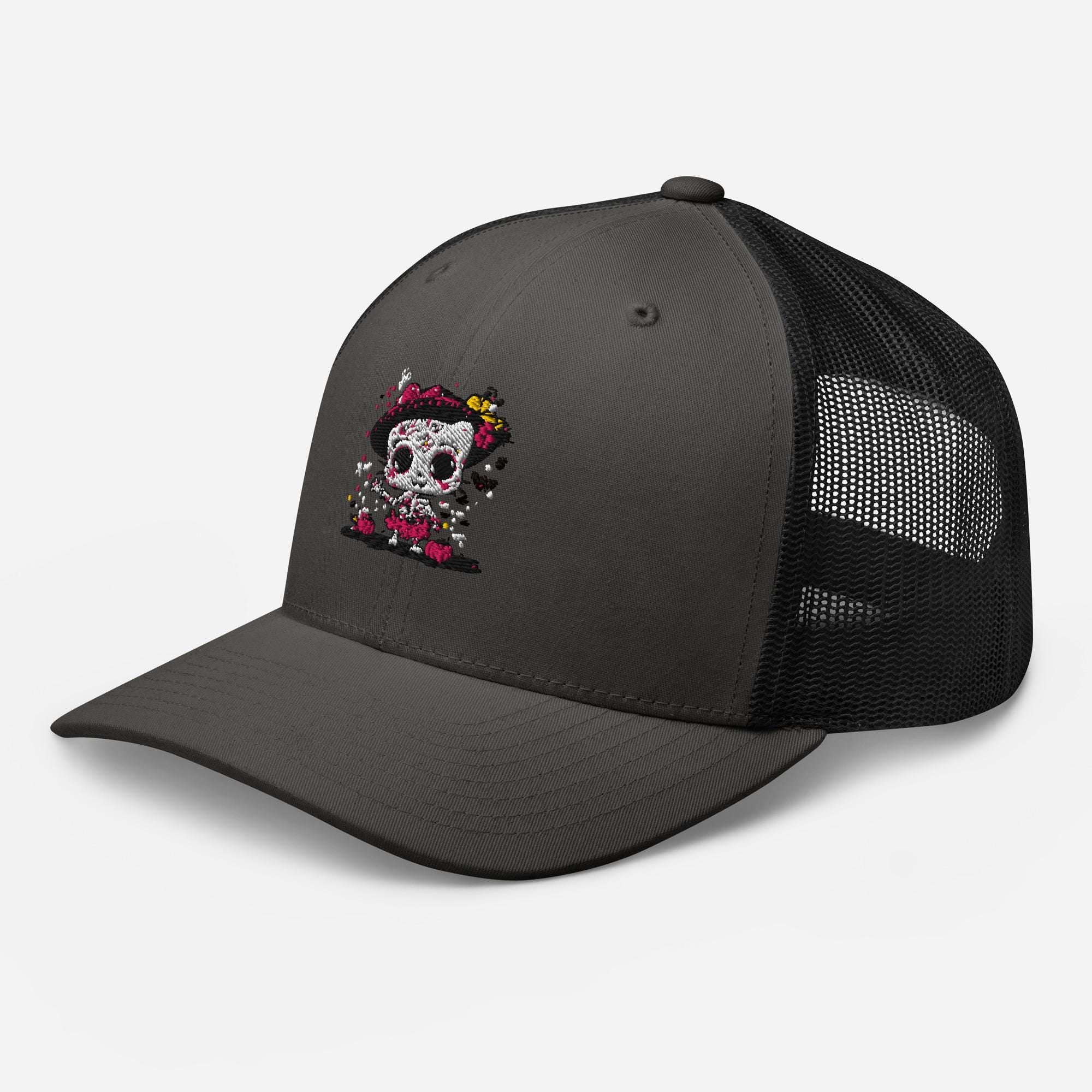 Day of the Dead Trucker Hat – Skeleton Cat Sugar Skull Cap – Día de los Muertos Festival Hat