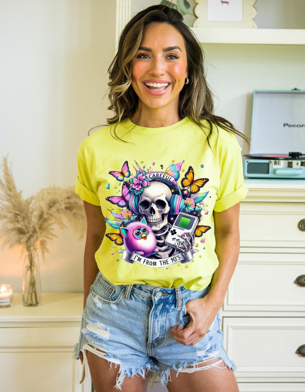 Parody 90s Retro Skull Butterfly T-Shirt: Vintage Festival Tee, Unisex Softstyle, Nostalgic Gift