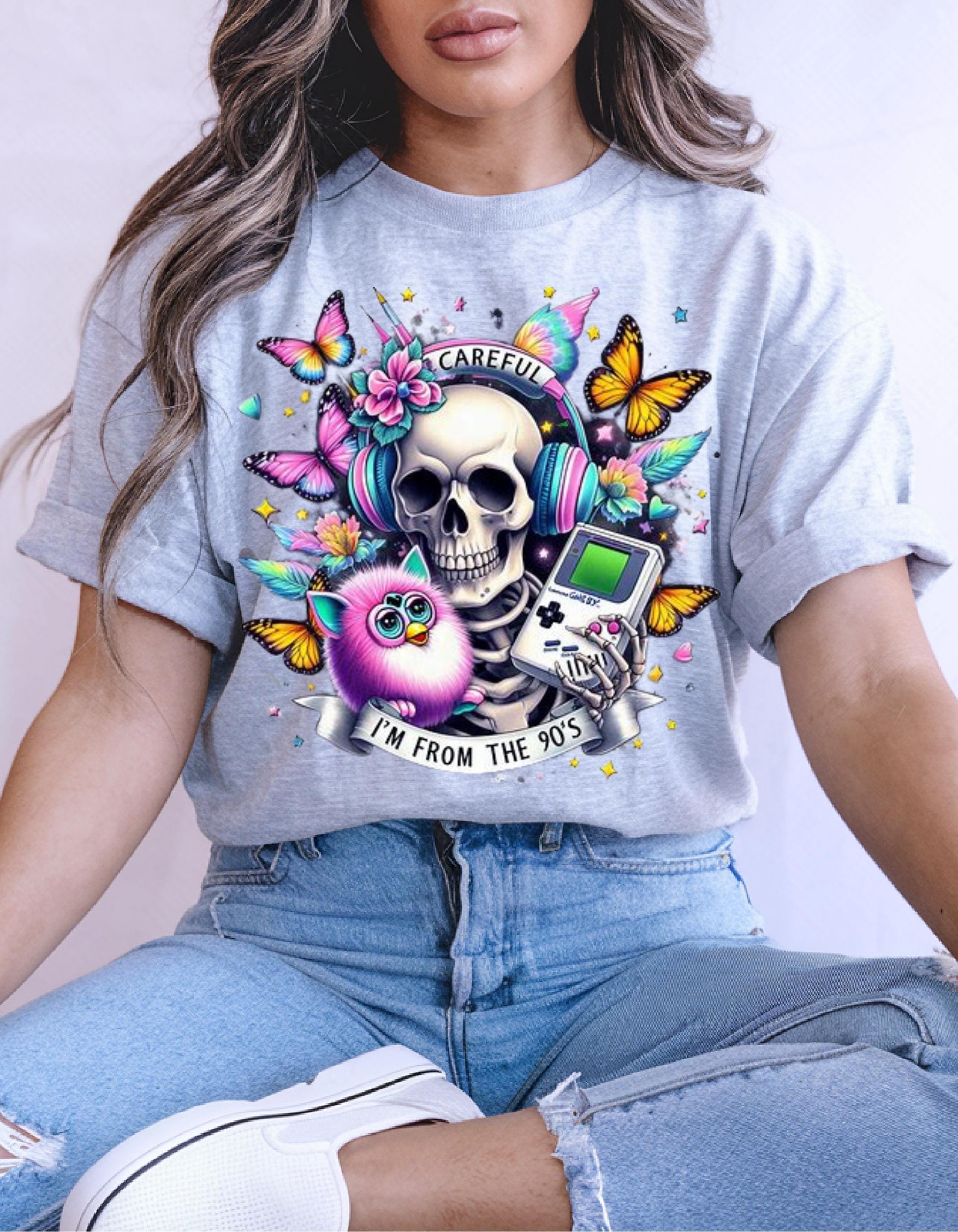 Parody 90s Retro Skull Butterfly T-Shirt: Vintage Festival Tee, Unisex Softstyle, Nostalgic Gift