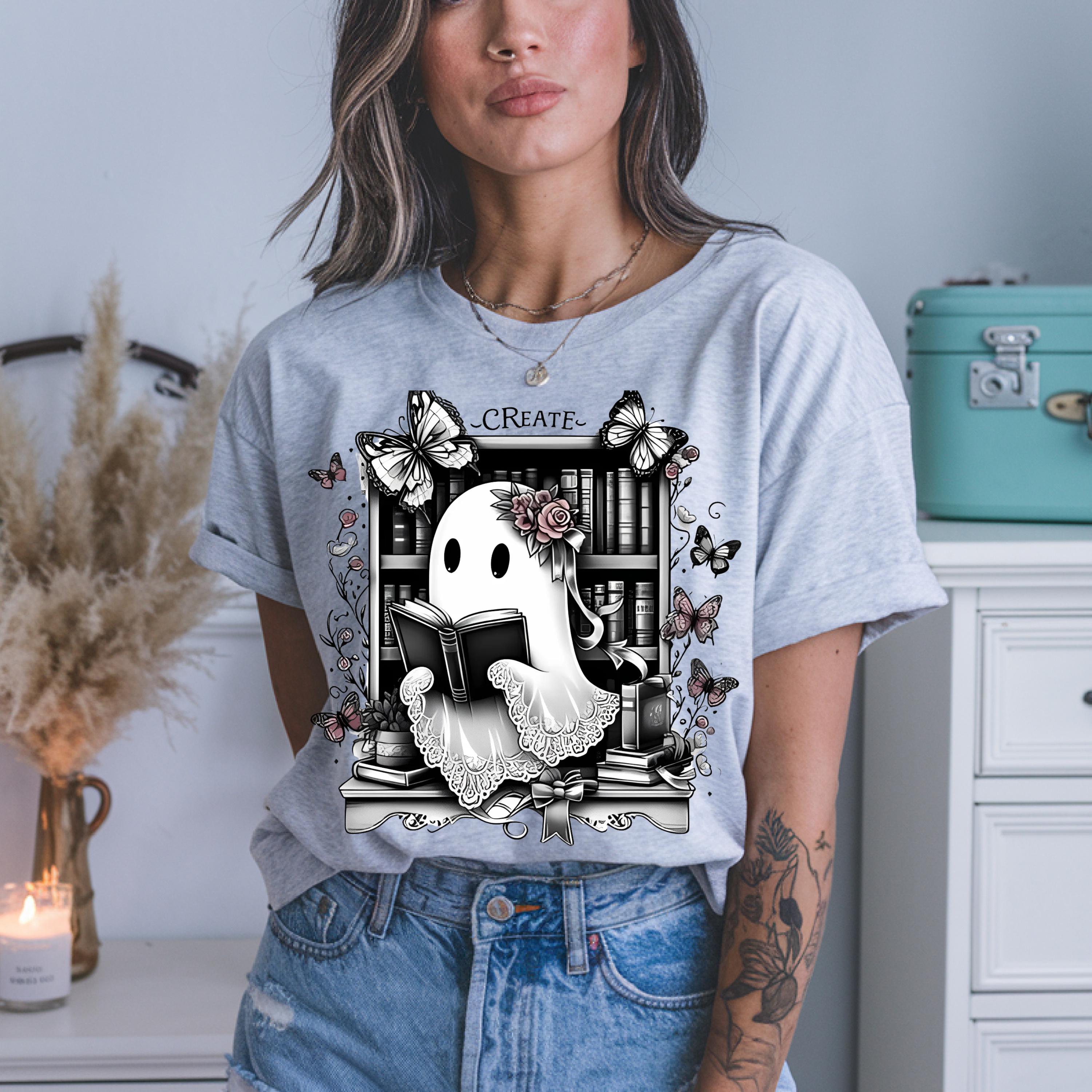 Parody Whimsical Ghost T-Shirt for Book Lovers & Writers - Unique Halloween Artistic Apparel