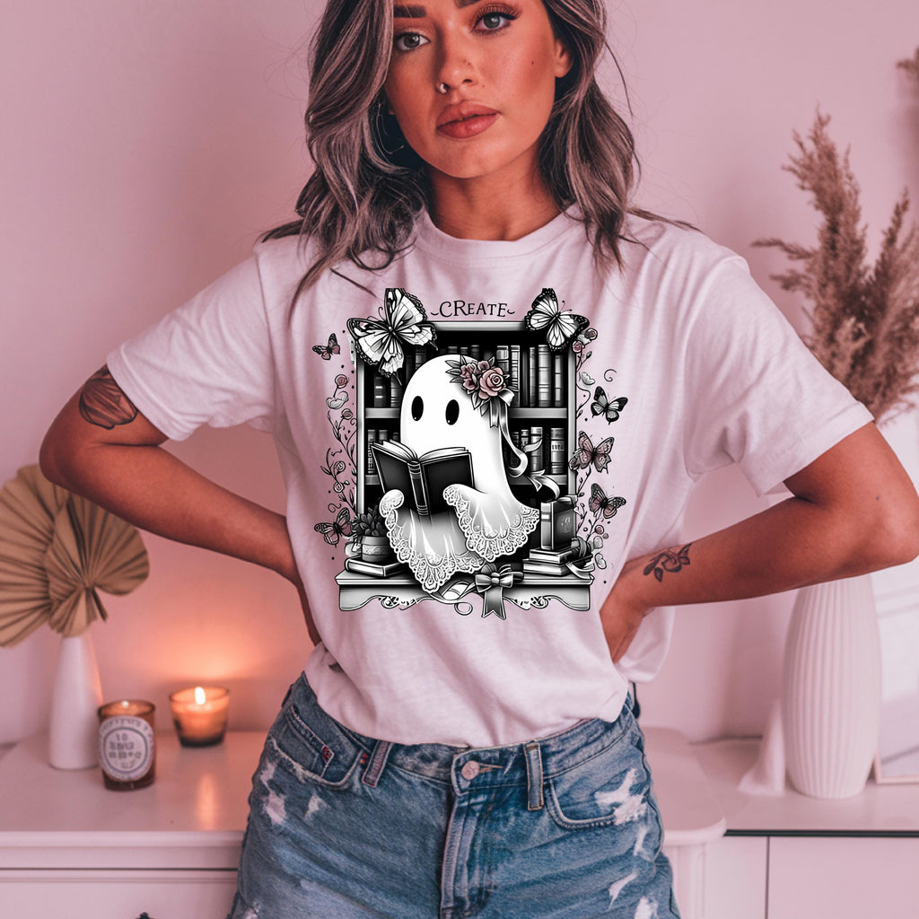 Parody Whimsical Ghost T-Shirt for Book Lovers & Writers - Unique Halloween Artistic Apparel