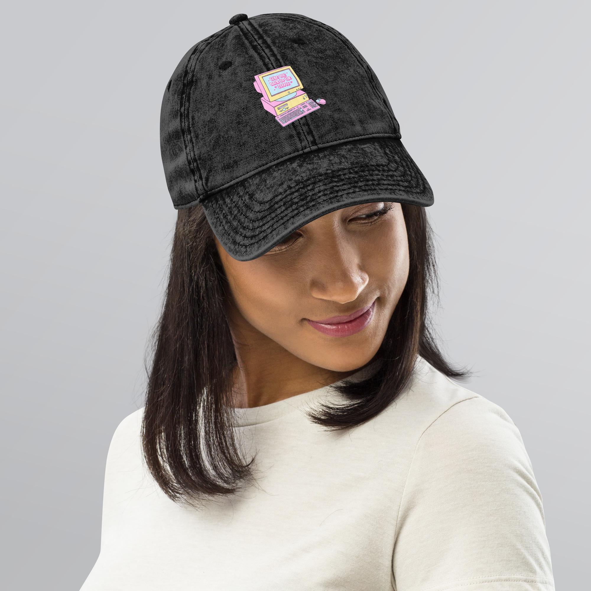 take Me Back to the Early 2000s" Distressed Dad Hat – Retro Embroidered Cap, Vintage Aesthetic, Nostalgic 2000s Style,