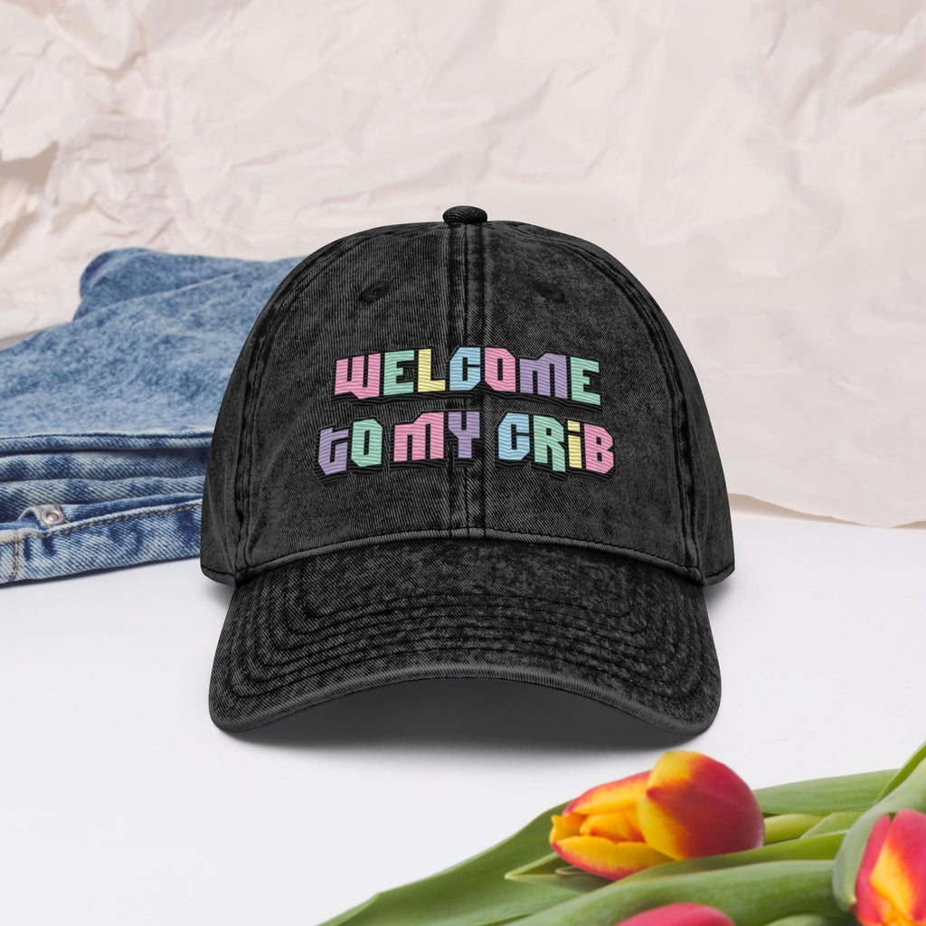 Welcome to My Crib Y2K Embroidered Vintage Cotton Twill Hat – 2000s Aesthetic Baby Design, Retro Funny Baby Hat, Millennium Style"  Tags: