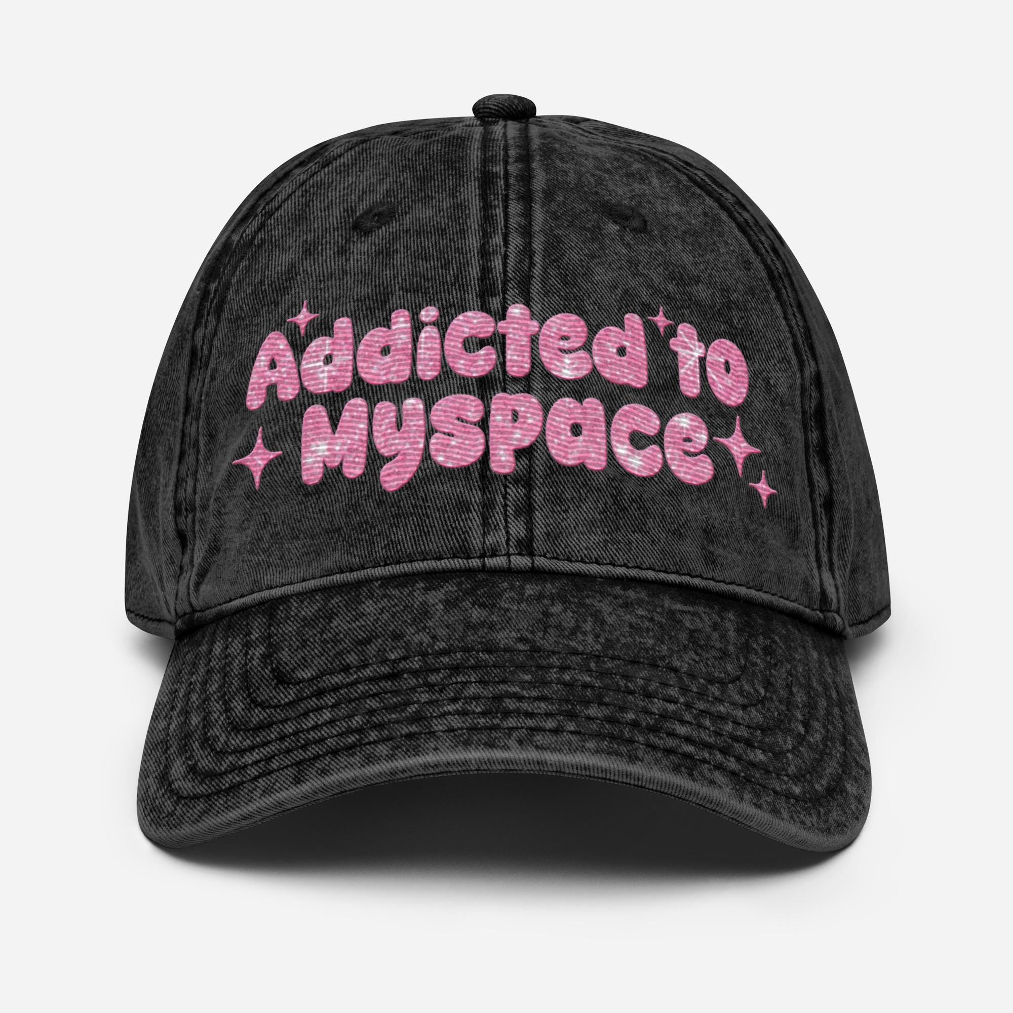 Addicted to Myspace Y2K Embroidered Vintage Cotton Twill Hat – 2000s Internet Aesthetic, Retro Social Media Throwback Hat Design