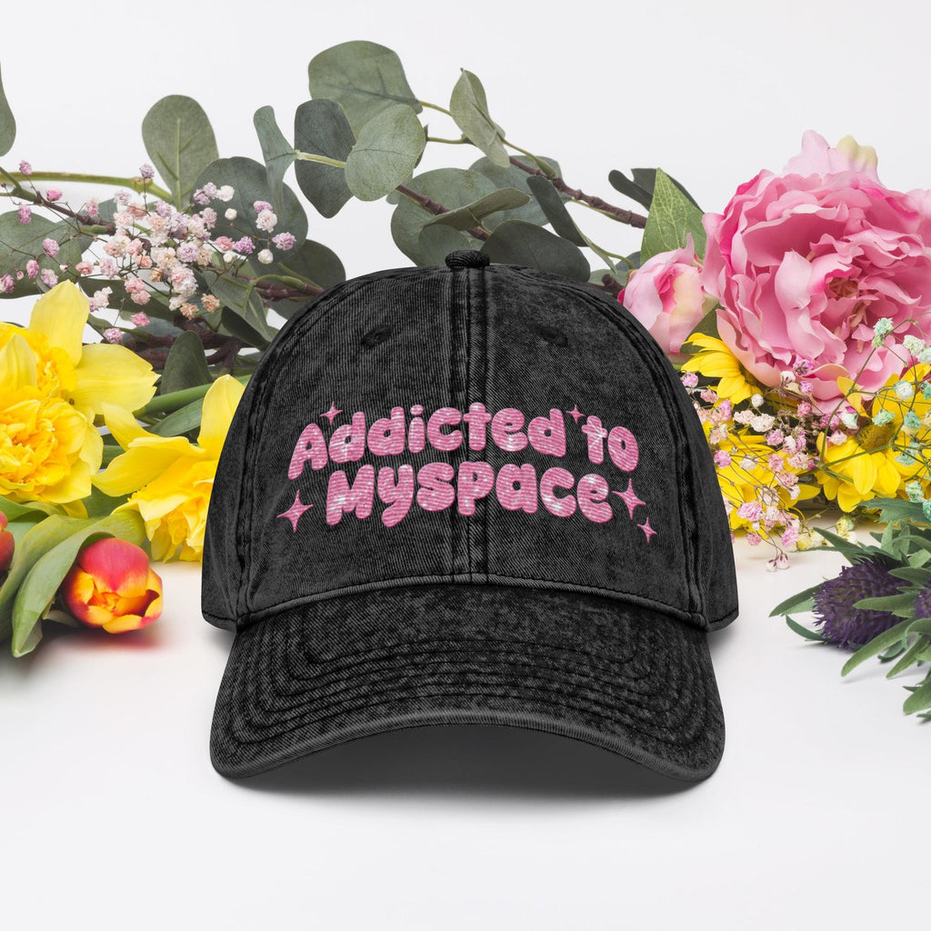Addicted to Myspace Y2K Embroidered Vintage Cotton Twill Hat – 2000s Internet Aesthetic, Retro Social Media Throwback Hat Design
