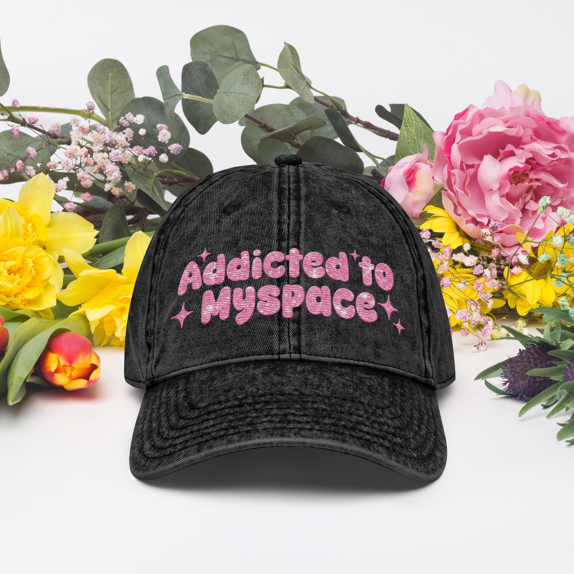 Addicted to Myspace Y2K Embroidered Vintage Cotton Twill Hat – 2000s Internet Aesthetic, Retro Social Media Throwback Hat Design