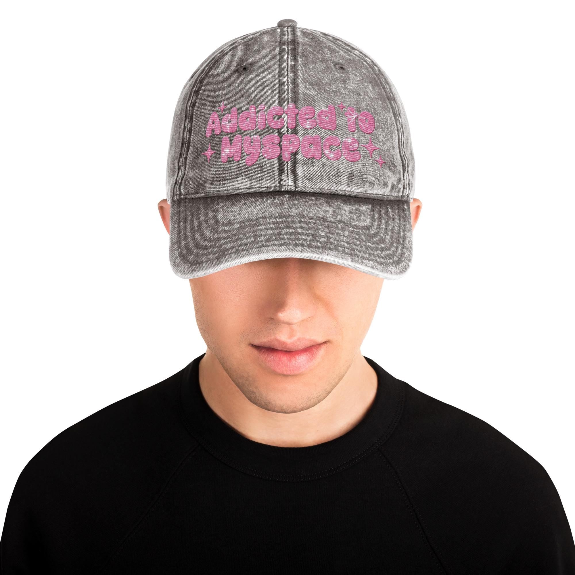 Addicted to Myspace Y2K Embroidered Vintage Cotton Twill Hat – 2000s Internet Aesthetic, Retro Social Media Throwback Hat Design