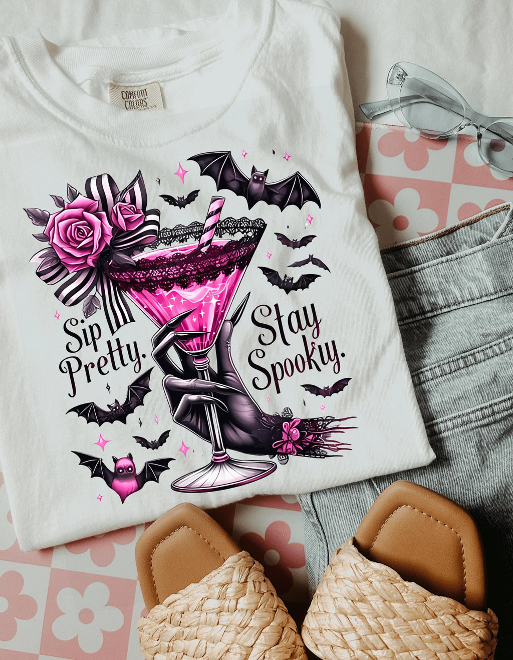 Sip Pretty Stay Spooky T-Shirt: Halloween Graphic Tee, Vintage Style