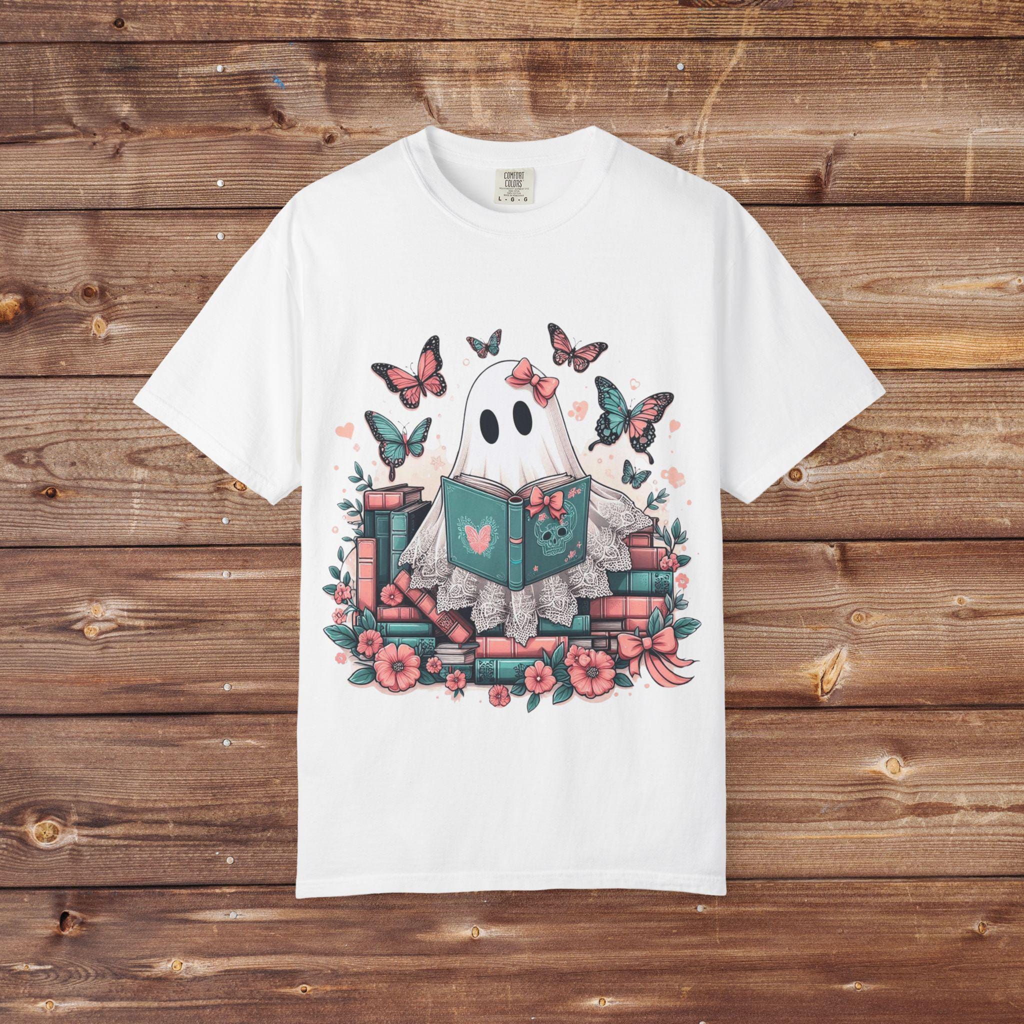 Parody Whimsical Ghost Reading T-Shirt: Cute Bookish Halloween Tee for Spooky Season Lovers