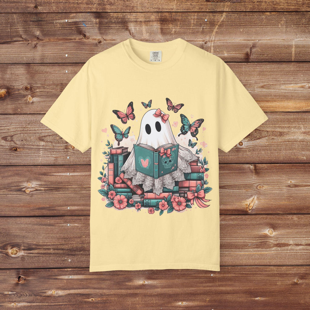 Parody Whimsical Ghost Reading T-Shirt: Cute Bookish Halloween Tee for Spooky Season Lovers
