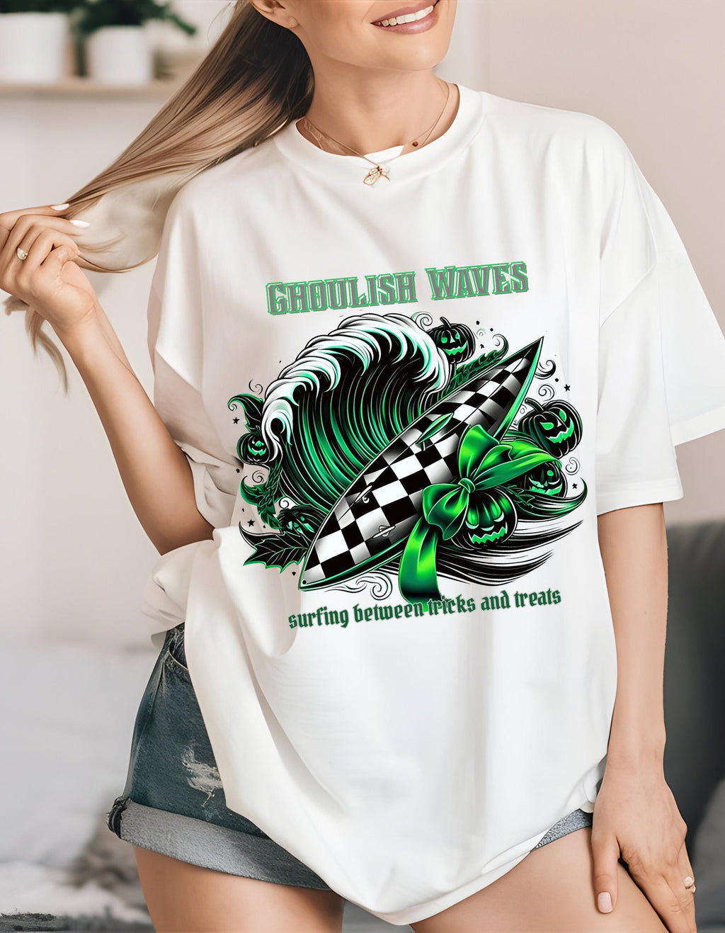 Ghoulish Waves T-shirt: Halloween Surf Tee, Retro Style