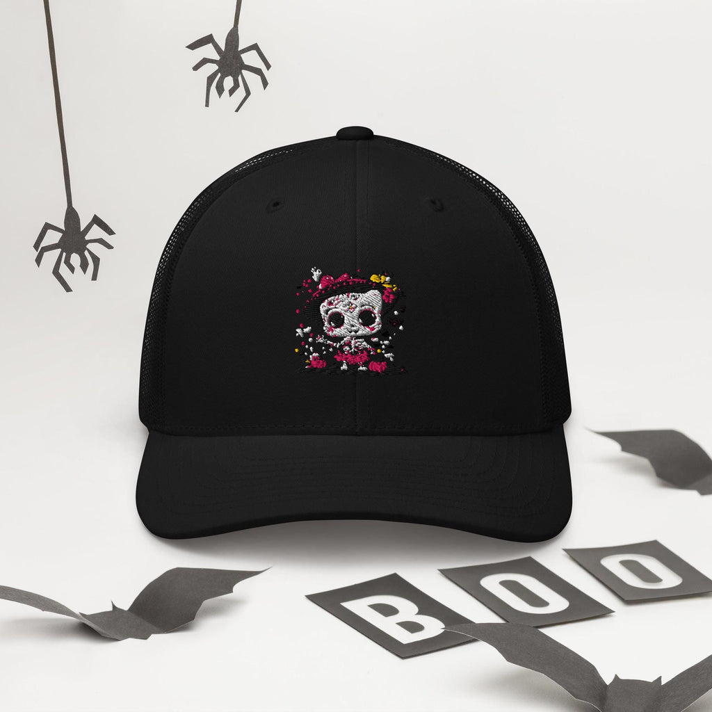 Day of the Dead Trucker Hat – Skeleton Cat Sugar Skull Cap – Día de los Muertos Festival Hat
