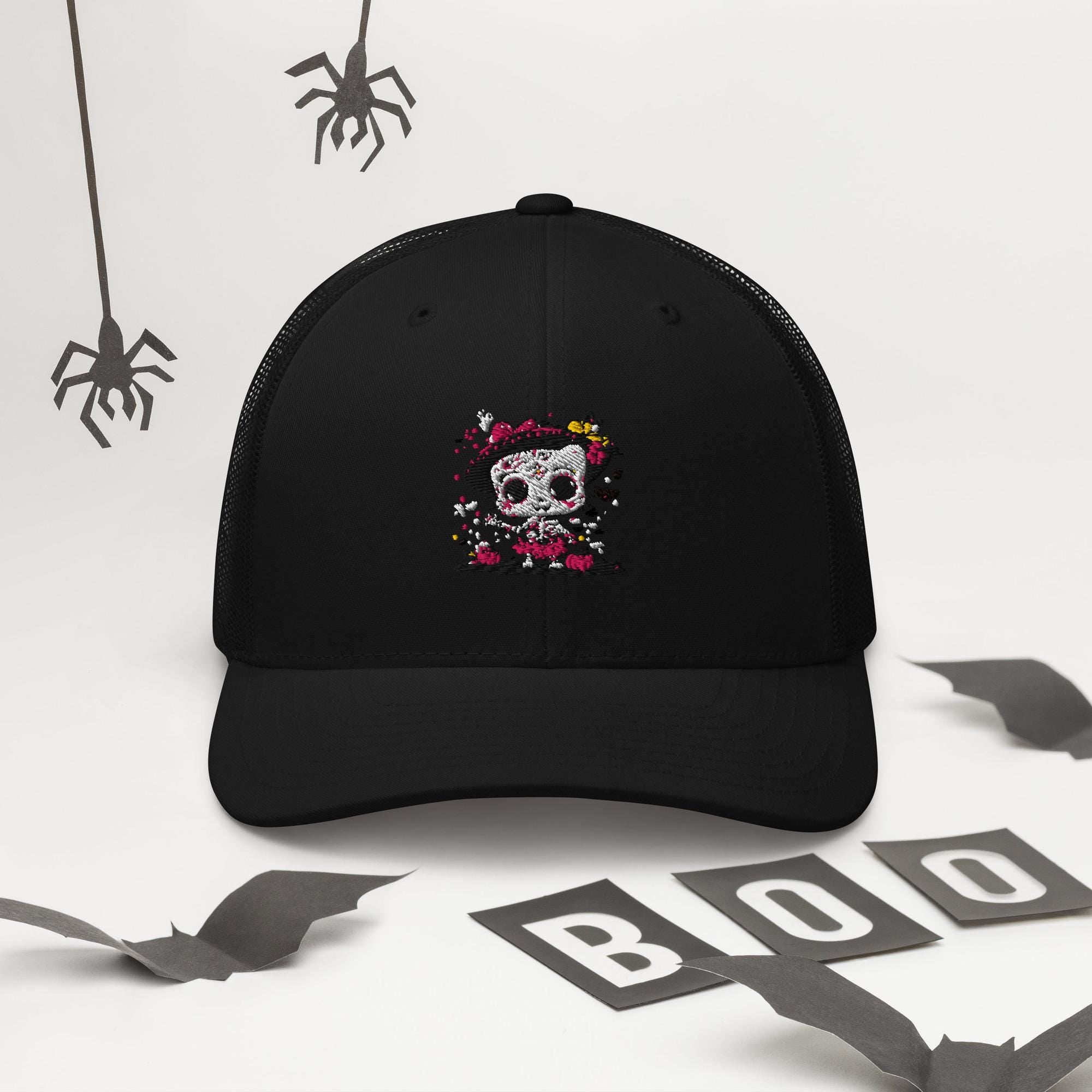 Day of the Dead Trucker Hat – Skeleton Cat Sugar Skull Cap – Día de los Muertos Festival Hat