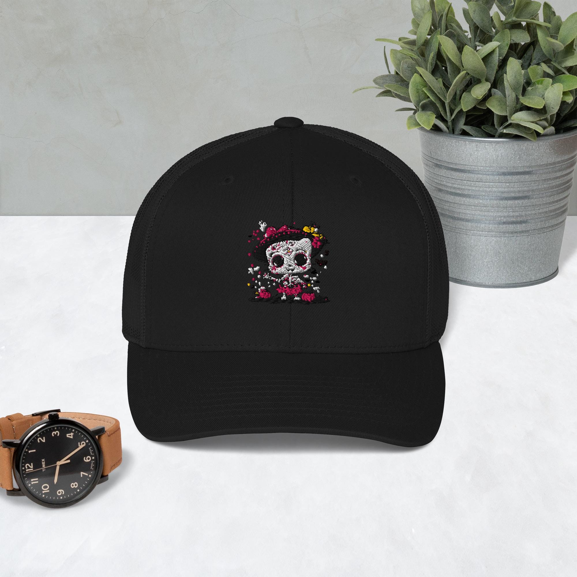 Day of the Dead Trucker Hat – Skeleton Cat Sugar Skull Cap – Día de los Muertos Festival Hat