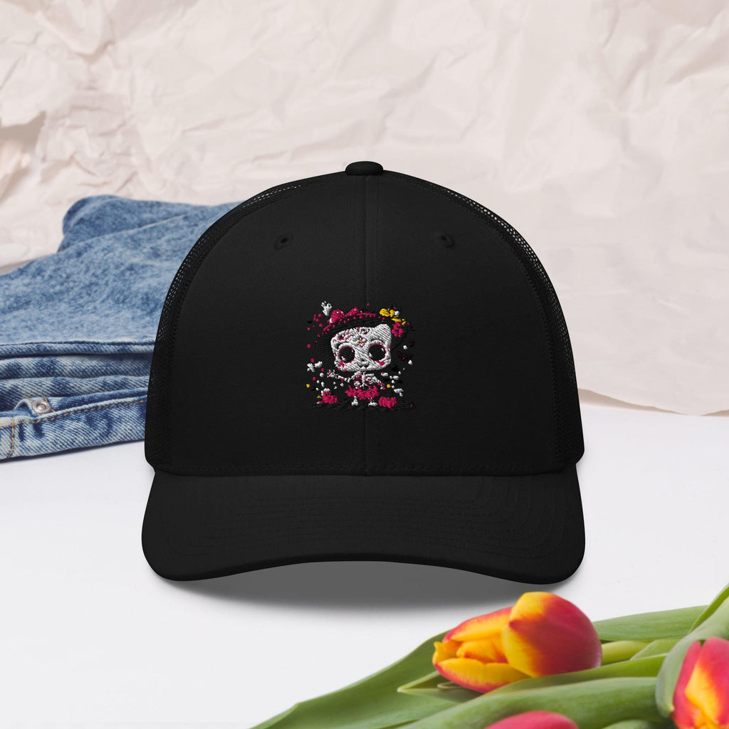 Day of the Dead Trucker Hat – Skeleton Cat Sugar Skull Cap – Día de los Muertos Festival Hat