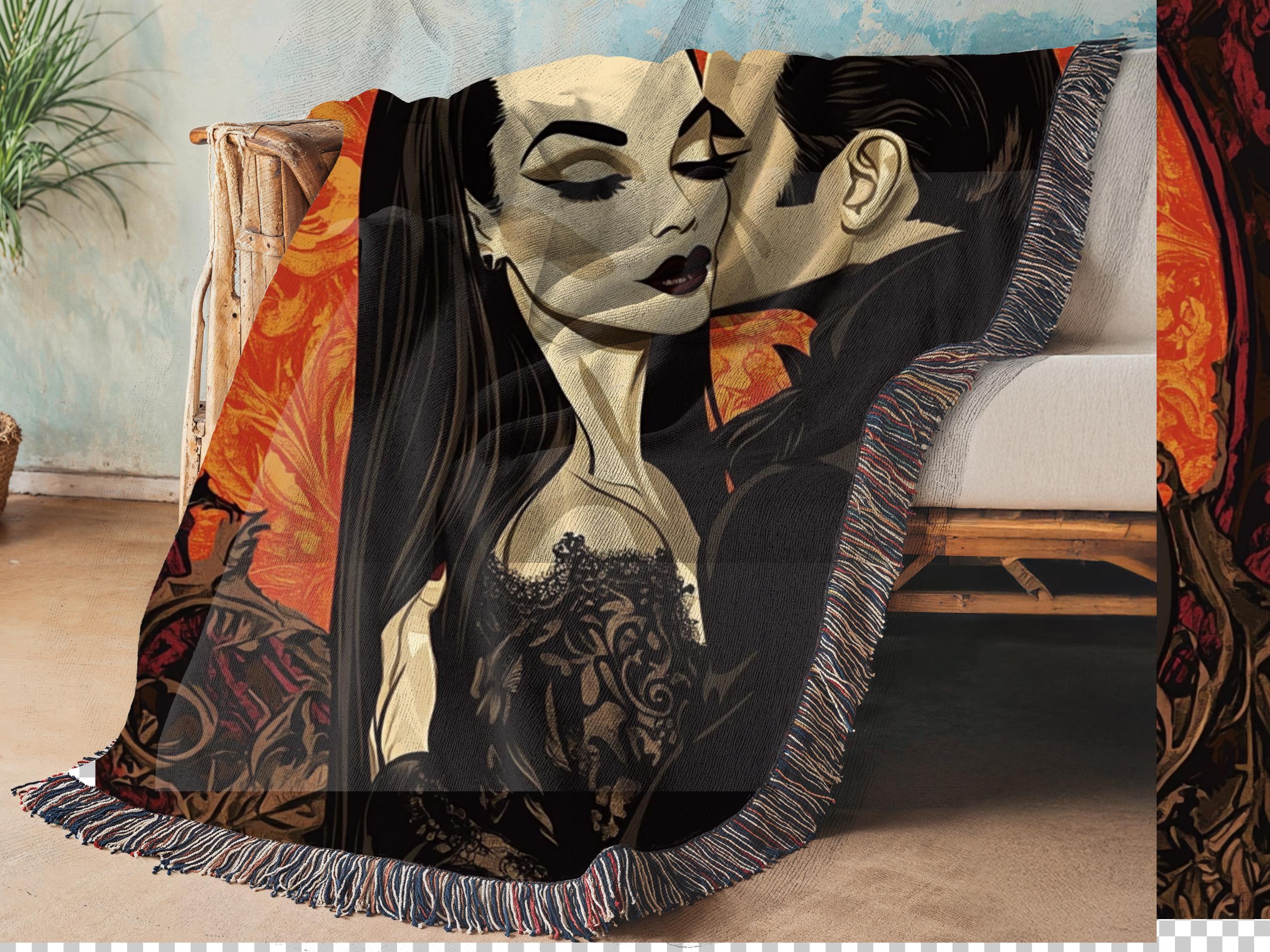 Gothic Romance Woven Cotton Blanket: Parody Throw with Fringe