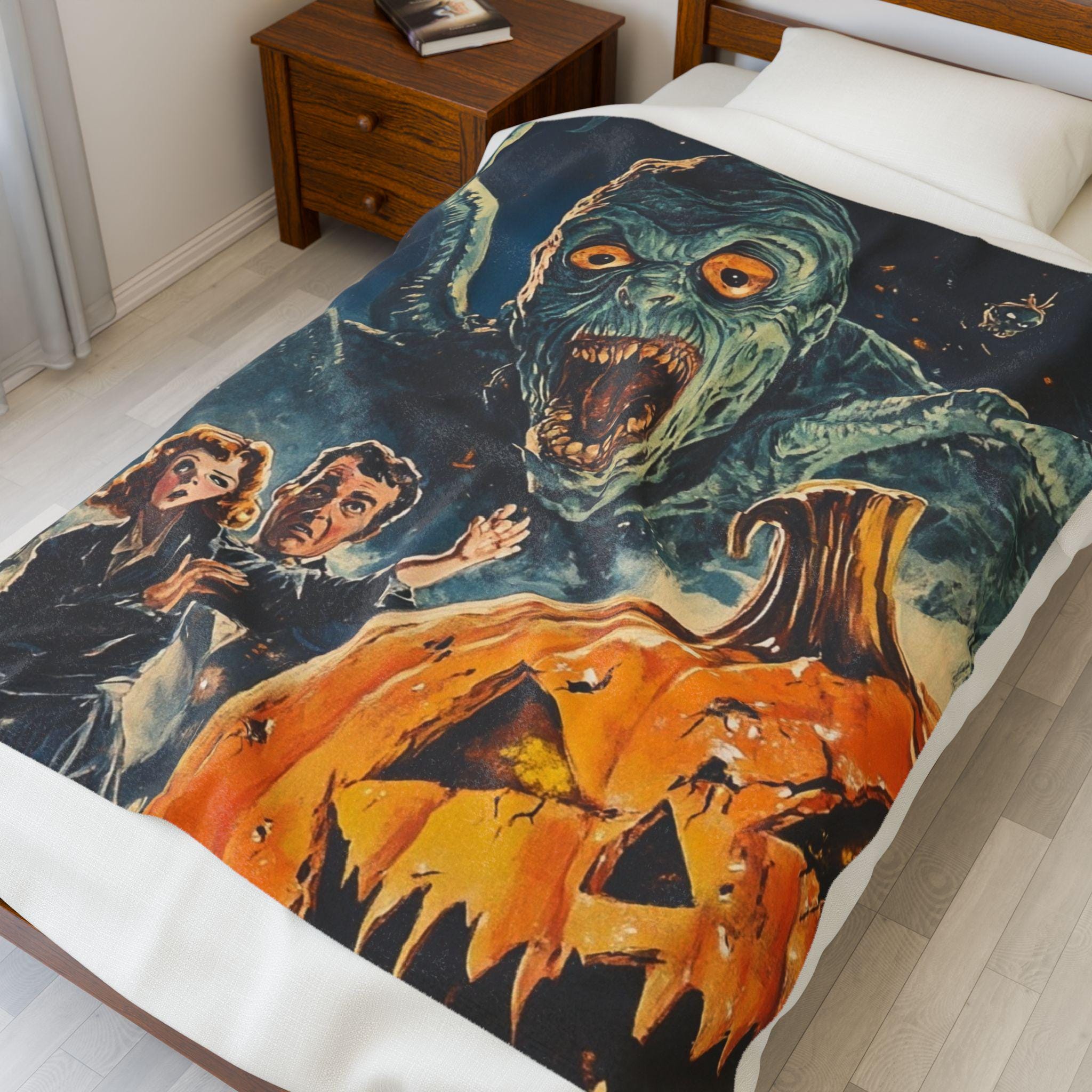 Spooky Movie Night Velveteen Throw Blanket: Halloween Haunted House Decor